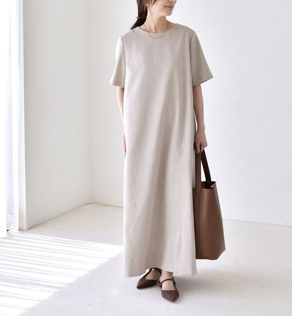 quaranciel「《予約》quaranciel:〈洗濯機可能〉リネンライク Aライン クルーネック ロング ワンピース」|ワンピース|