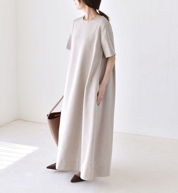 quaranciel「《予約》quaranciel:〈洗濯機可能〉リネンライク Aライン クルーネック ロング ワンピース」|ワンピース|