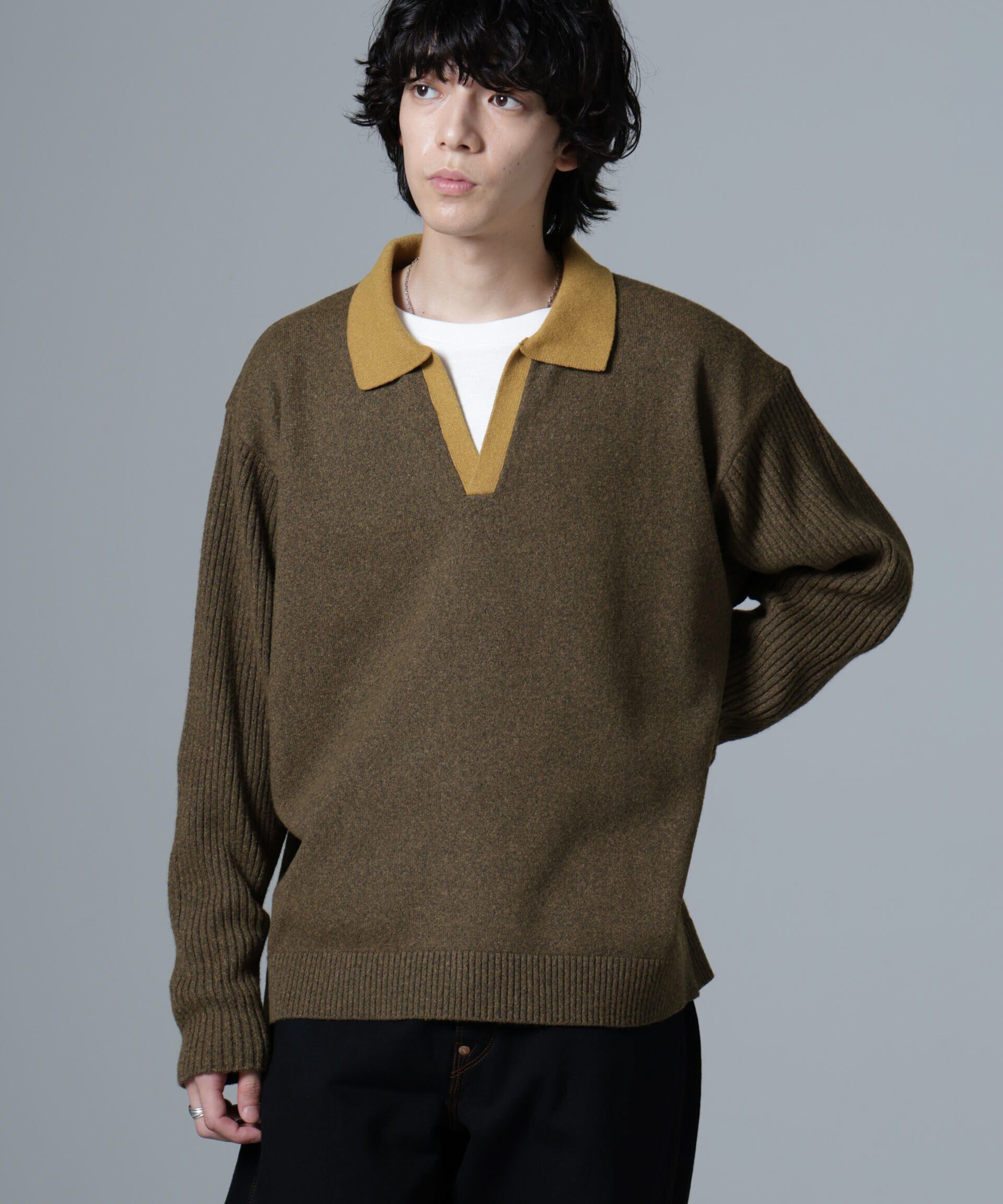 nano･universe「WEB限定/バイカラースキッパーニット」|ニット・セーター|カーキ