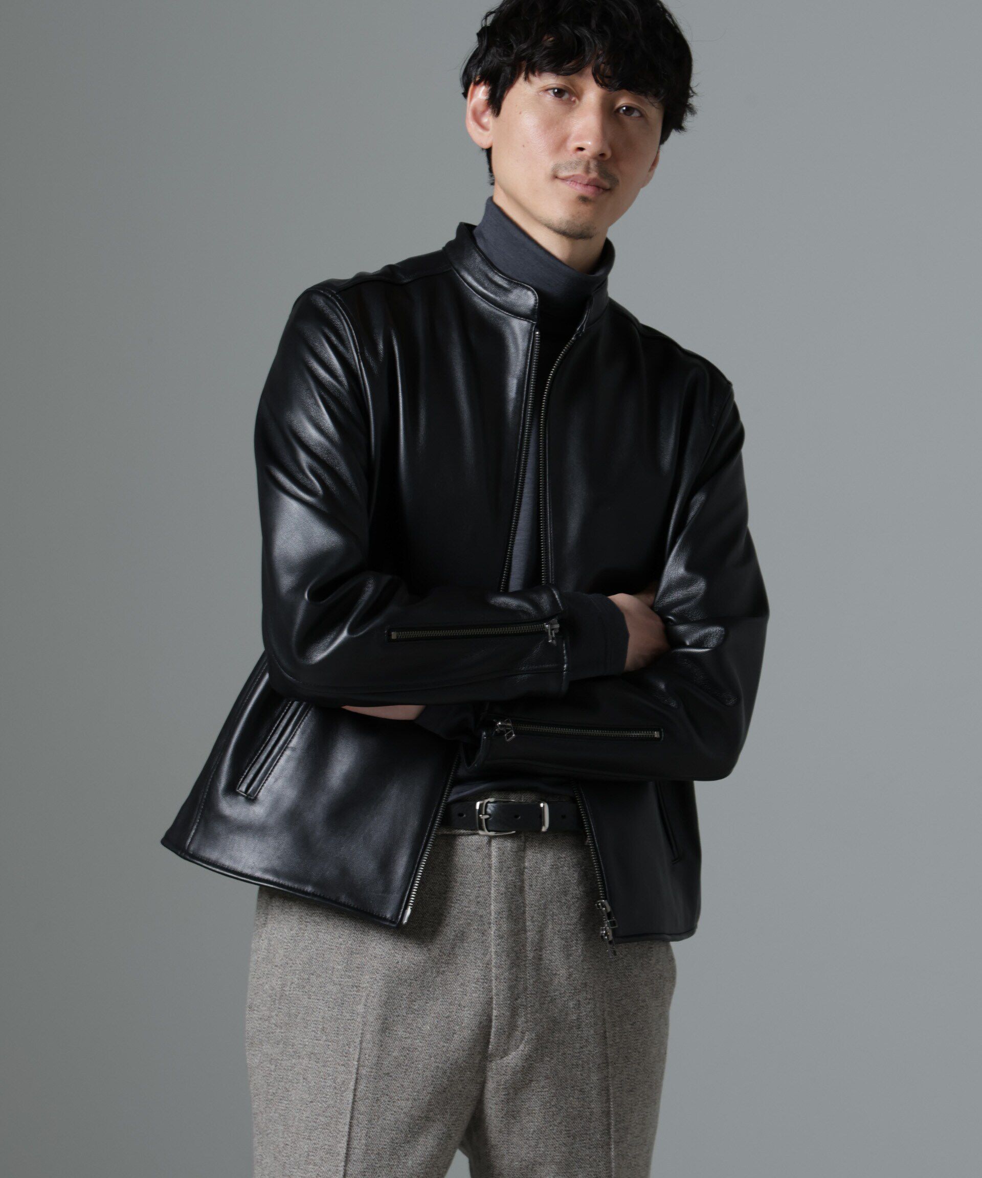 nano･universe「バンドカラーレザーシングルライダースジャケット」|ライダースジャケット|