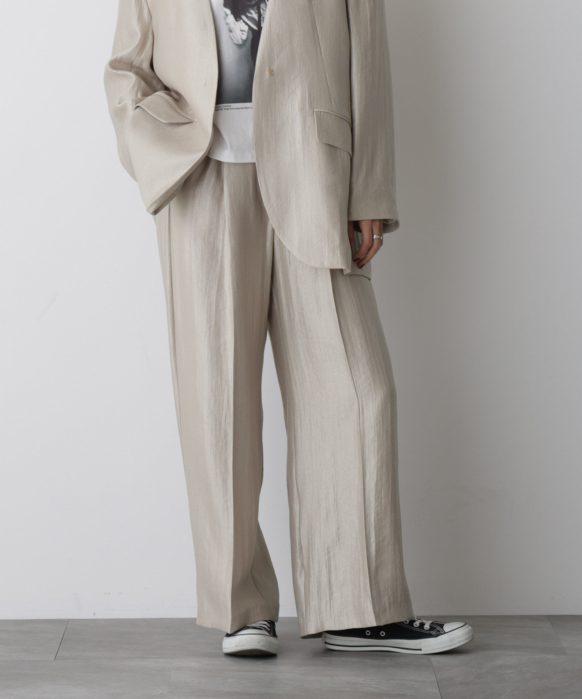 nano･universe「「STEVELOUR」サテンタックワイドパンツ(セットアップ可)」|チノ|