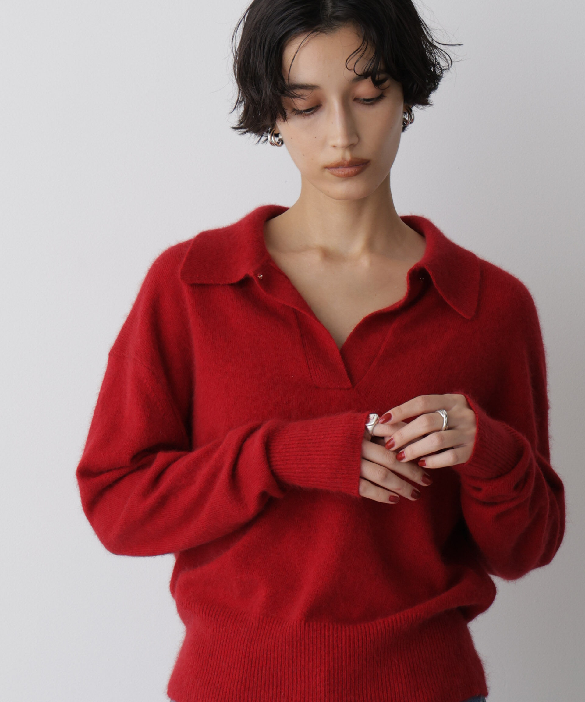  「「STEVELOUR」スキッパーポロ衿ソフトタッチニット」|ニット・セーター|