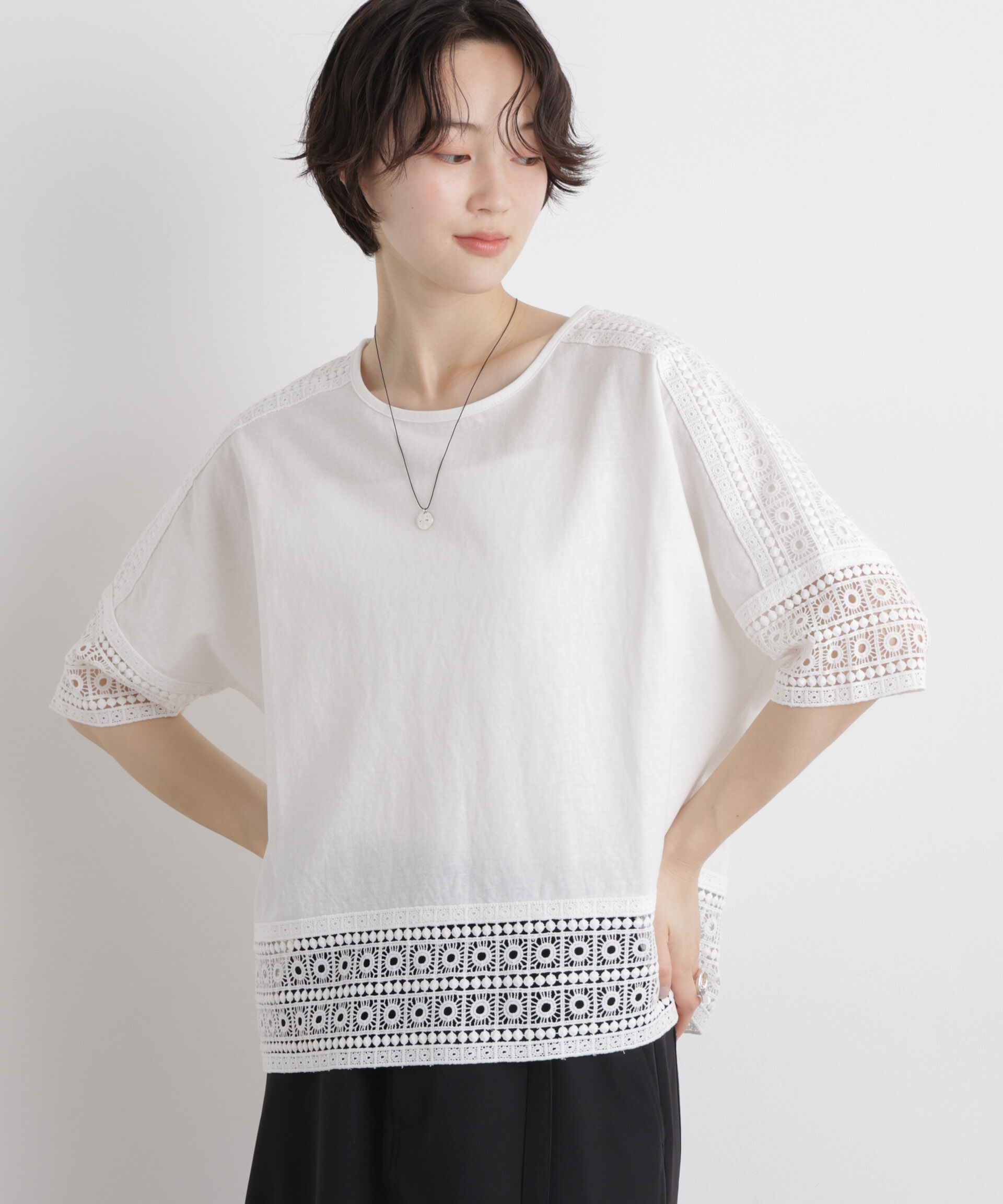 nano･universe「レースコンビドルマンカットトップス」|Tシャツ・カットソー|ホワイト