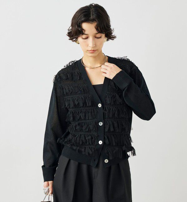 NOLLEY'S「《手洗い可能》チュールフリンジVネックカーディガン」|カーディガン|