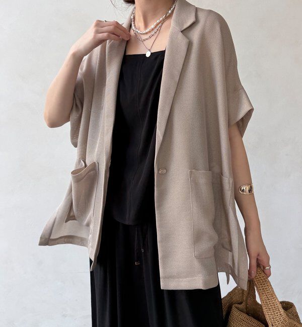  「GOLD1つボタンメッシュ半袖ジャケット」|テーラードジャケット|ベージュ