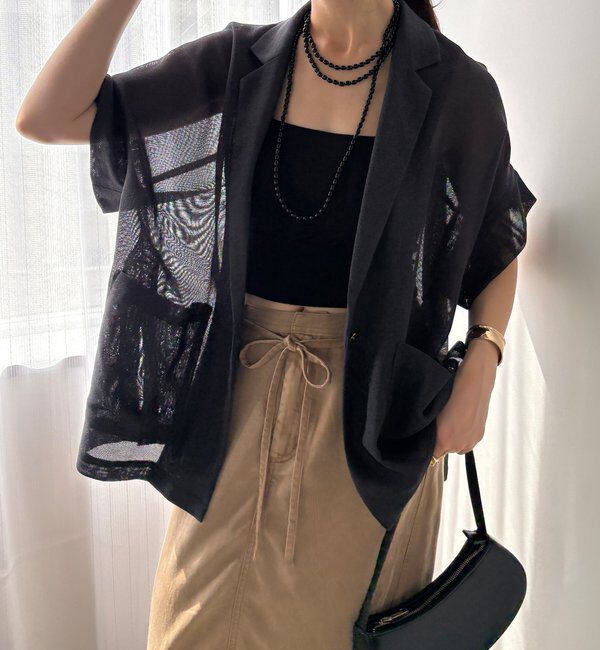  「GOLD1つボタンメッシュ半袖ジャケット」|テーラードジャケット|チャコールグレー