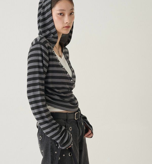  「スタッズリブカシュクールフーディ」|パーカー|