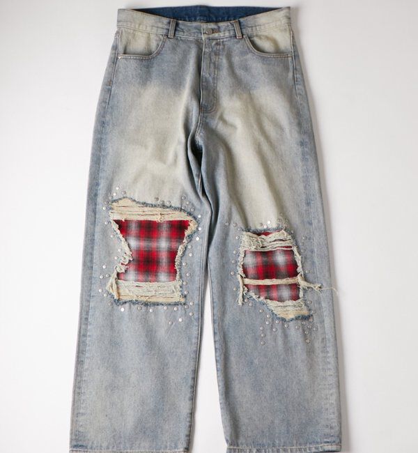  「チェックダメージスタッズデニム」|デニム|サックスブルー