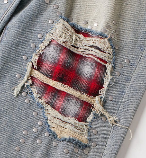  「チェックダメージスタッズデニム」|デニム|