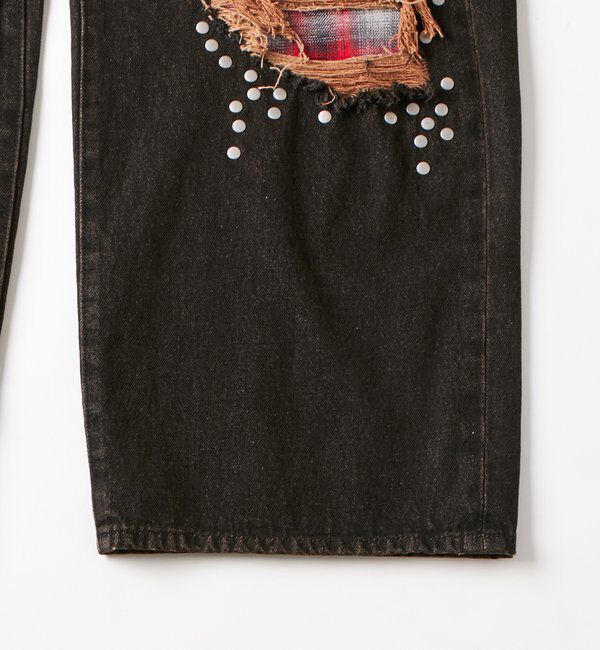  「チェックダメージスタッズデニム」|デニム|