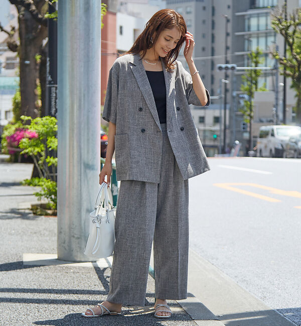 abahouse mavie「【WEB限定！2点セット】リネンライク半袖ジャケット&ストレートパンツセットアッ」|テーラードジャケット|