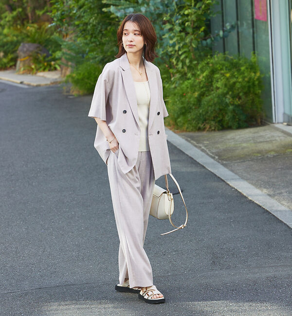 abahouse mavie「【WEB限定！2点セット】リネンライク半袖ジャケット&ストレートパンツセットアッ」|テーラードジャケット|