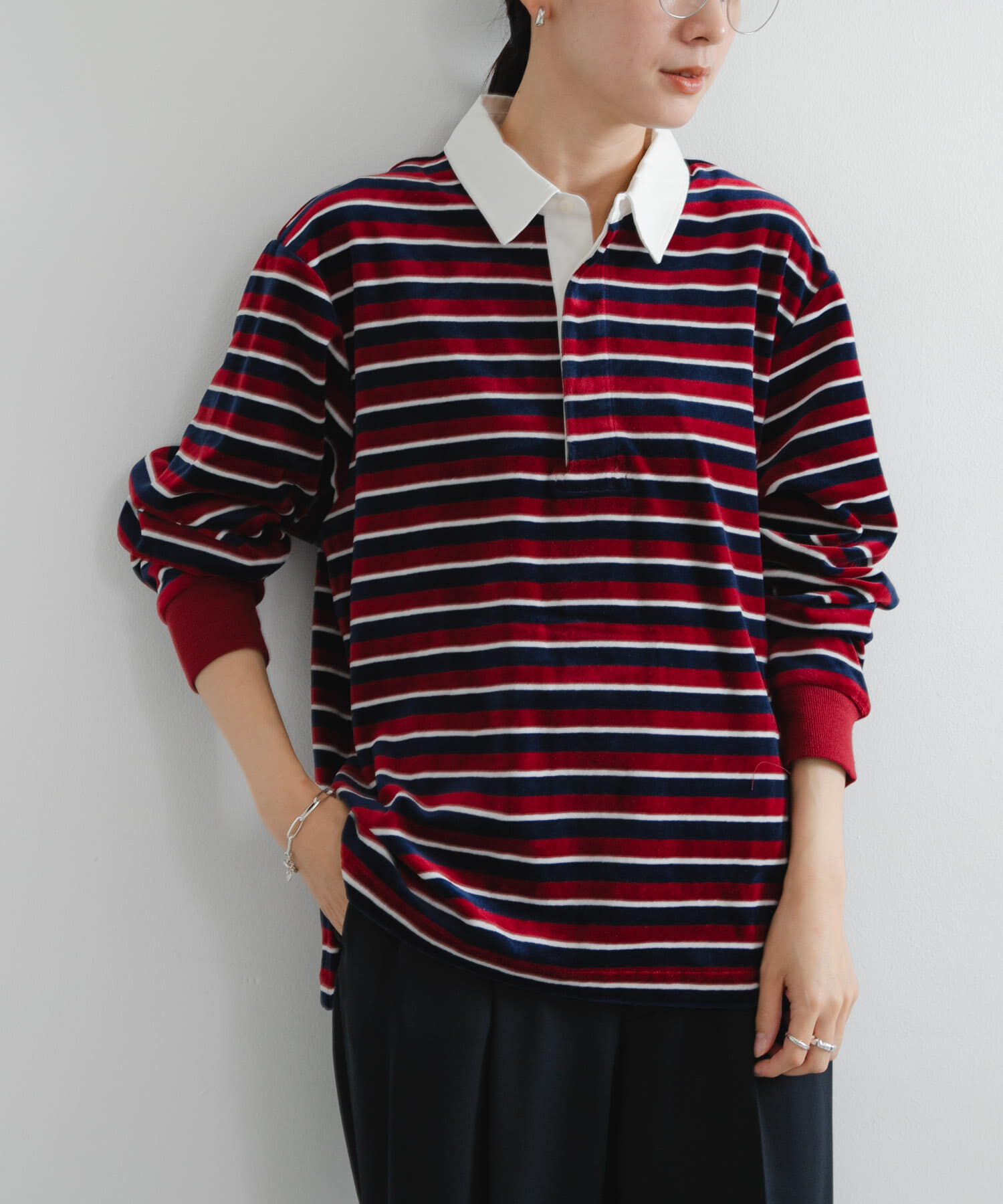 URBAN RESEARCH「『UR TECH』ベロアボーダーラガーシャツ」|Tシャツ・カットソー|レッド系その他