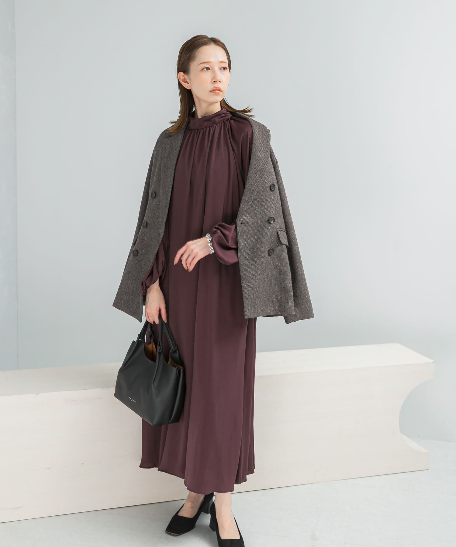 URBAN RESEARCH ROSSO「ハイネックギャザーサテンドレス」|ワンピース|