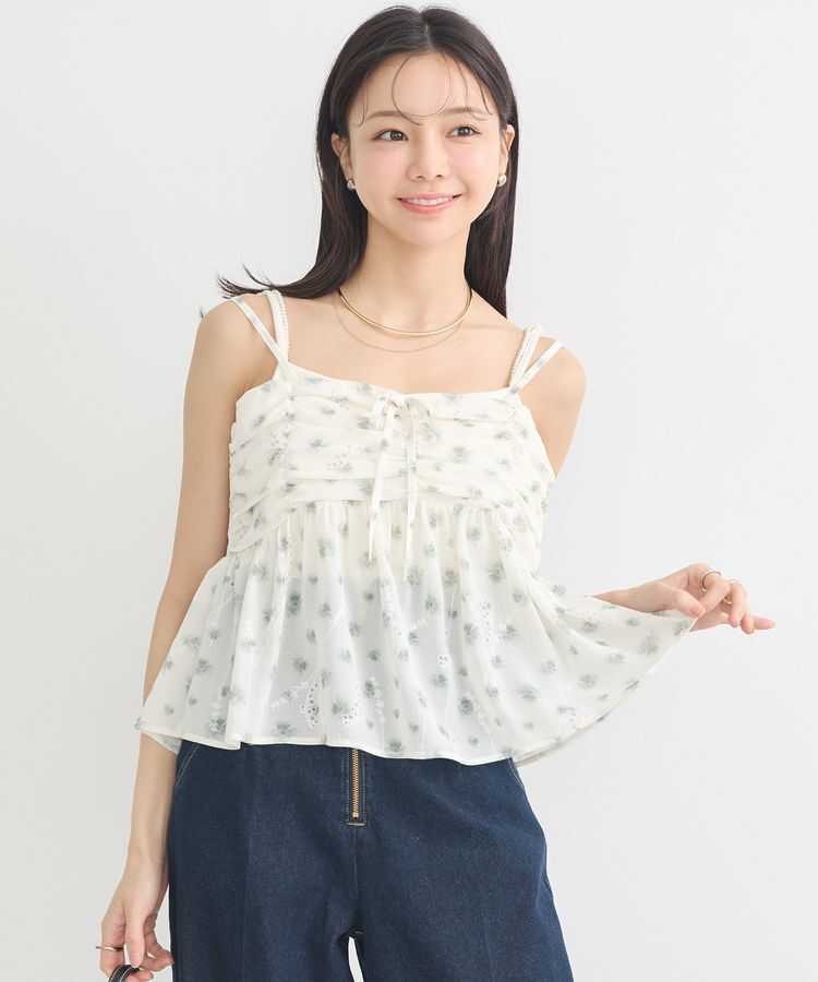 earth music&ecology「花柄ギャザーキャミビスチェ」|ベスト・ジレ|Light Green