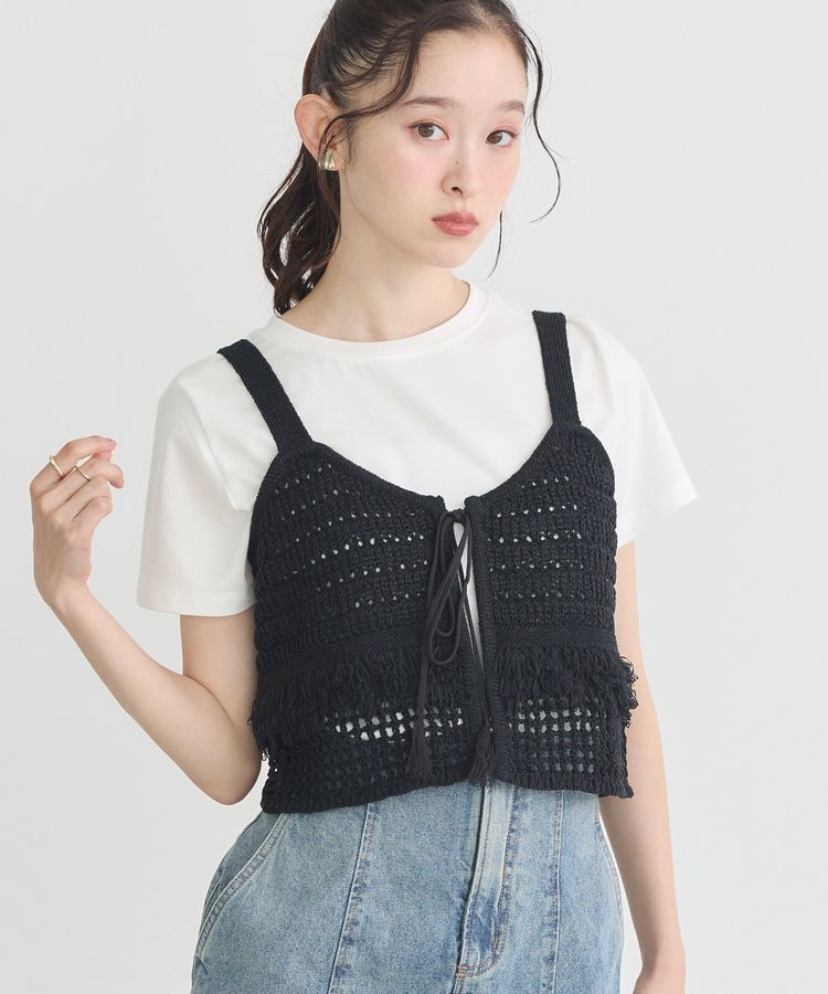 earth music&ecology「フリンジニットビスチェ」|ベスト・ジレ|Black