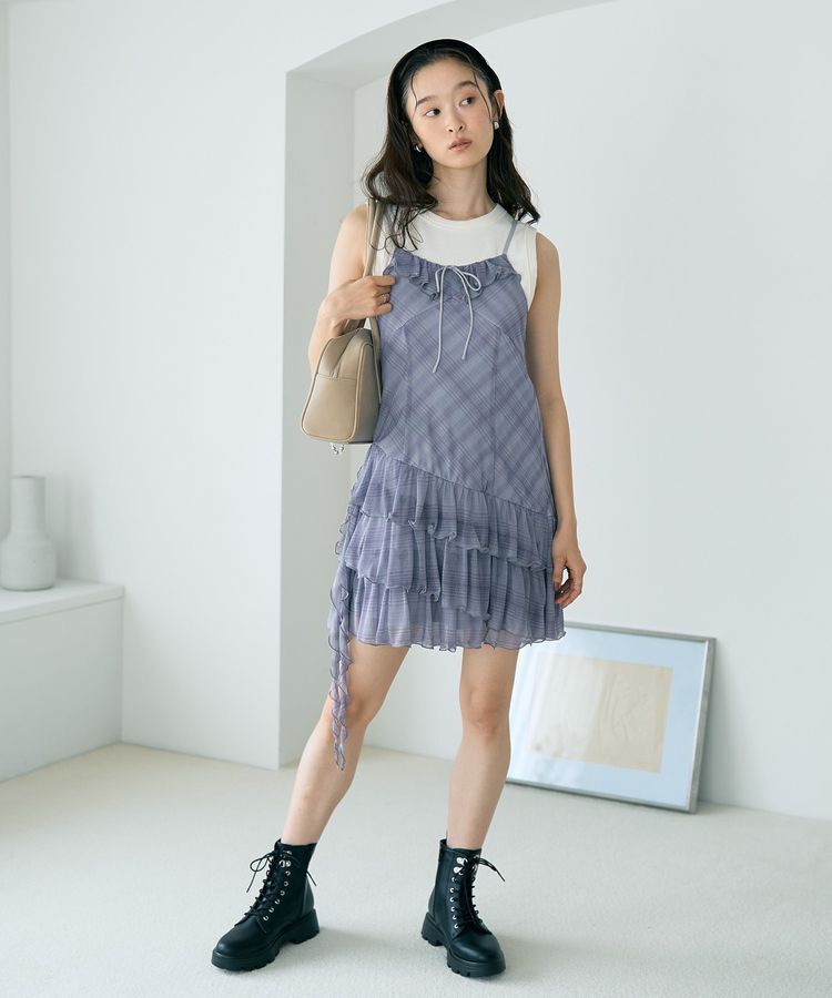 earth music&ecology「フロントリボンチェックミニキャミワンピース」|ワンピース|チェックグレー