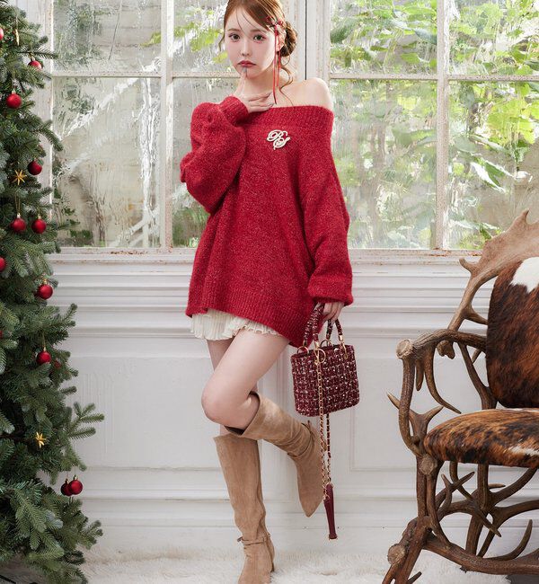  「ブローチ付きベロアモールミニニットワンピース」|ワンピース|