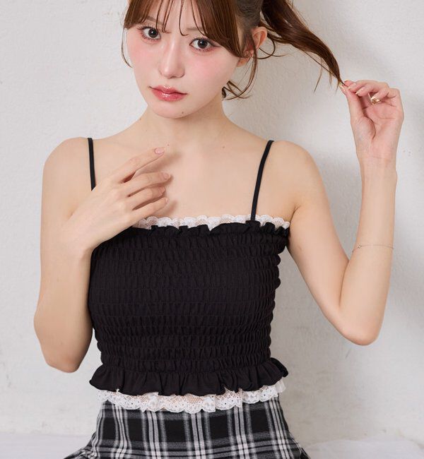 「カップ付きレースシャーリングキャミソール」|プルオーバー|ブラック