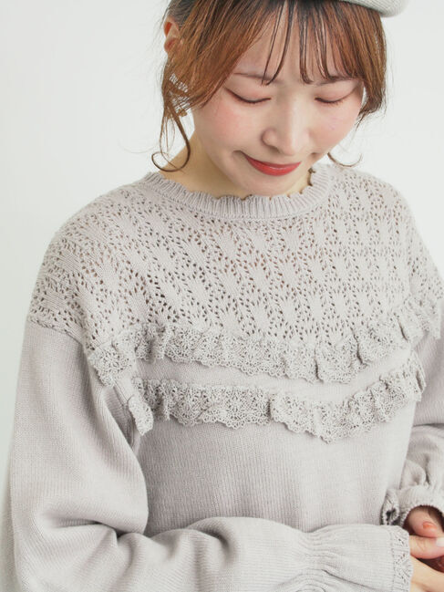 Samansa Mos2「透かし柄切替レースニット」|ニット・セーター|グレー