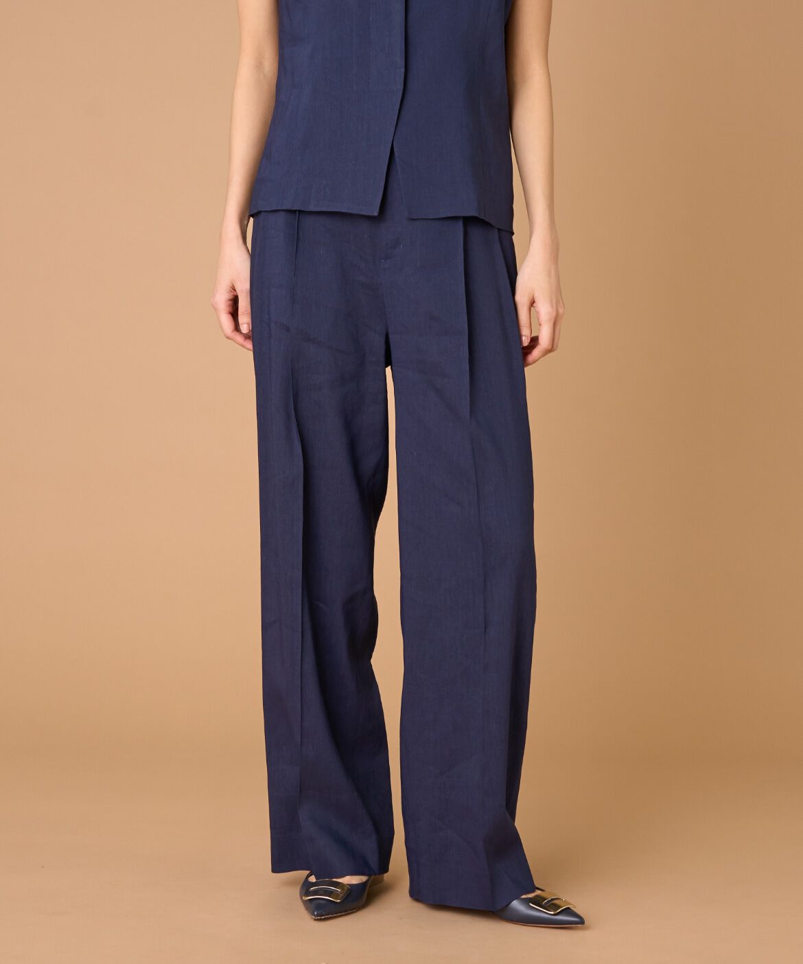 INED「《大きいサイズ》リネンセミワイドパンツ《PONTETORTO》」|その他|ネイビー