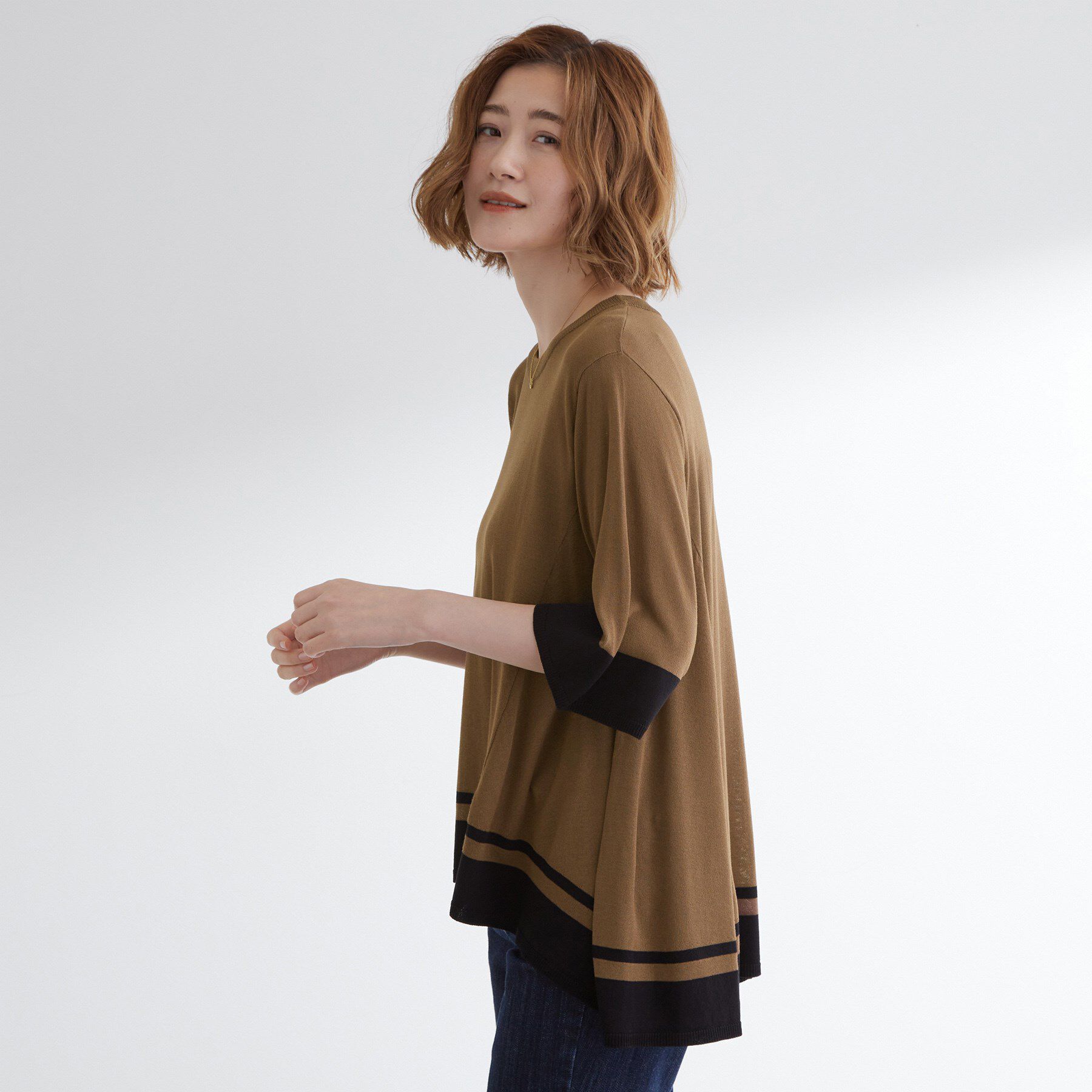 grove「涼やか体型カバー　配色シアーニットプルオーバー」|ニット・セーター|