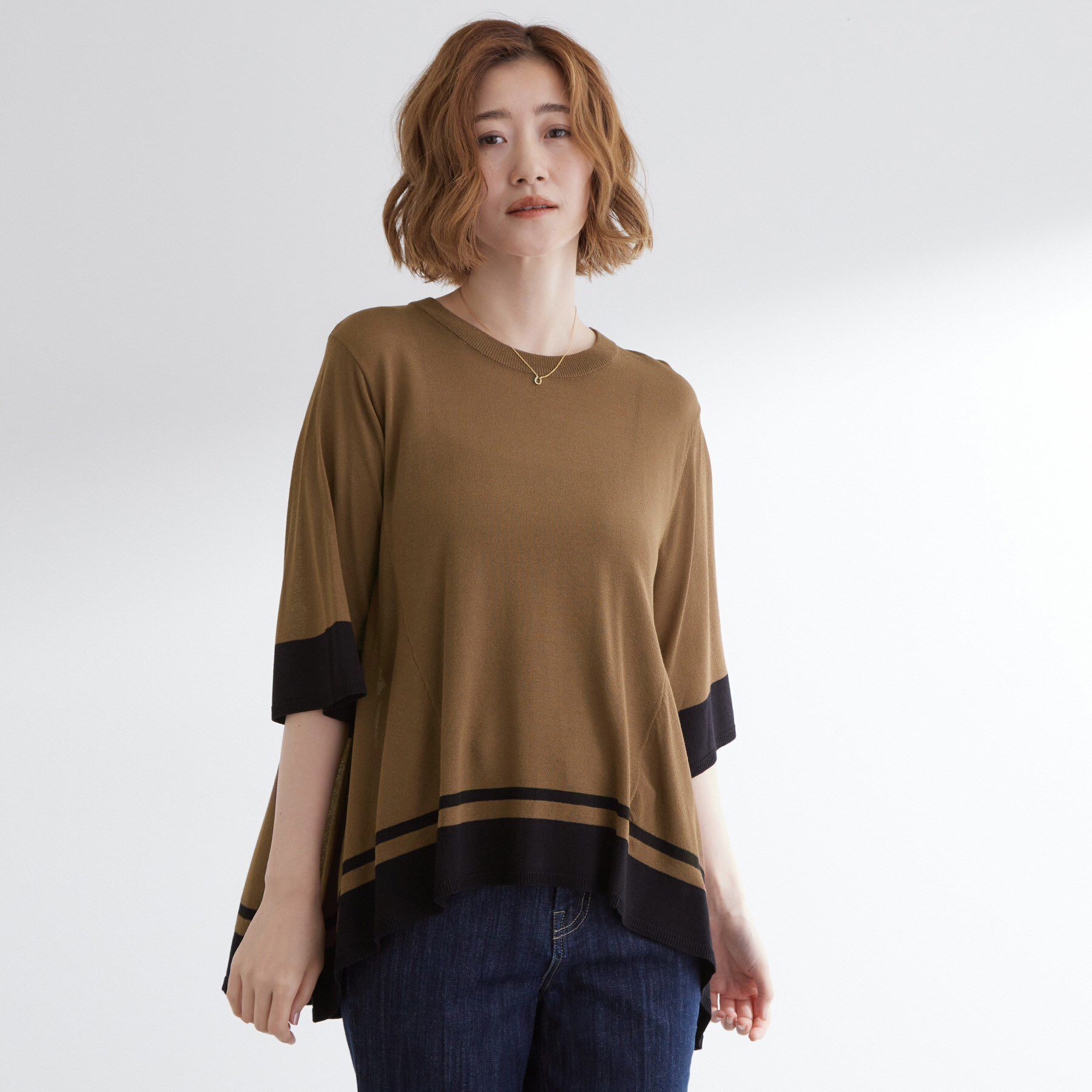 grove「涼やか体型カバー　配色シアーニットプルオーバー」|ニット・セーター|ブラウン&times;ブラック(