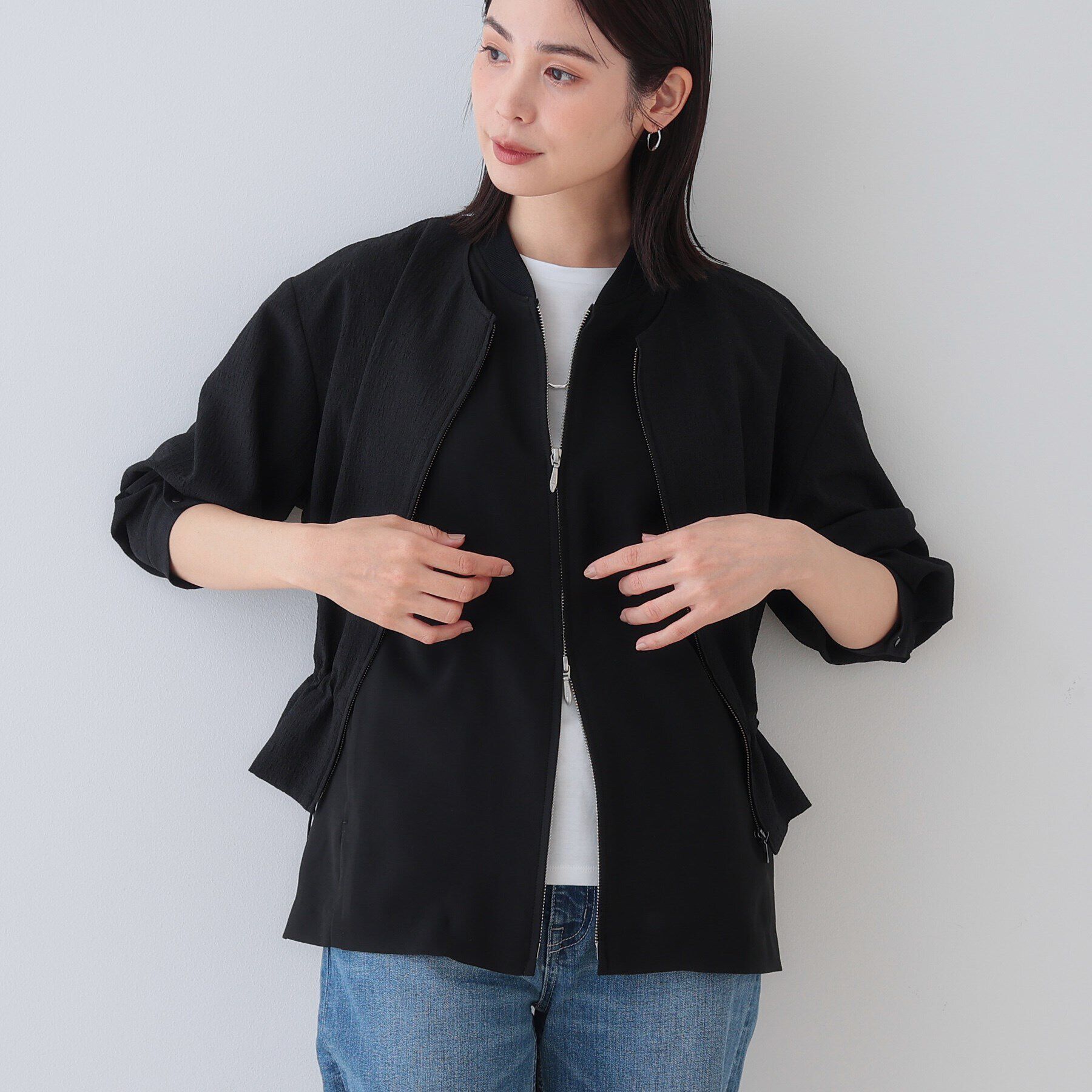 INDIVI「【洗える／凹凸素材】ドロストデザインショート丈ブルゾン」|ブルゾン・スタジャン|