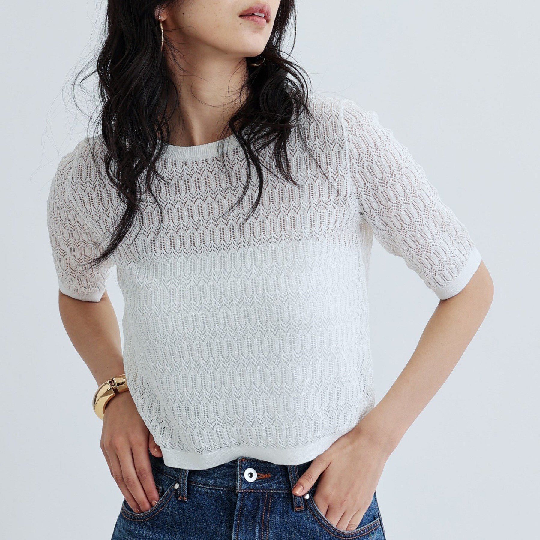 GALLEST「ハーフスリーブシアーニット」|ニット・セーター|ホワイト(001)