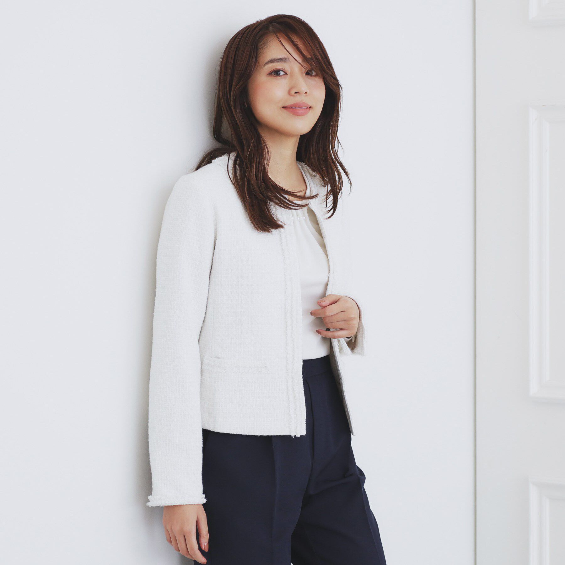 index「《通勤/セットアップ対応》ノーカラーツイードジャケット【洗える】」|ノーカラージャケット|オフホワイト(803