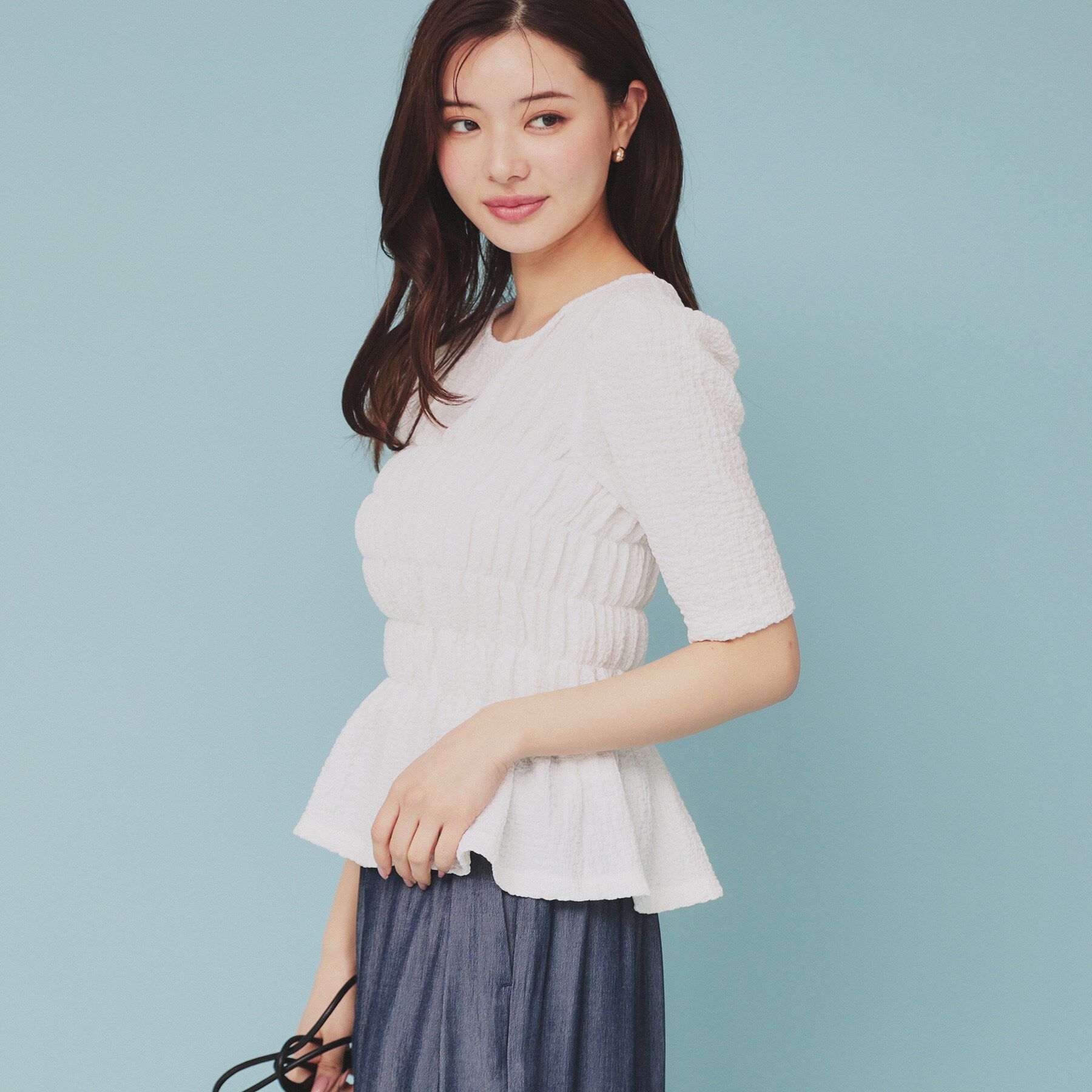 index「シャーリングペプラムトップス【洗濯機洗い可】」|Tシャツ・カットソー|