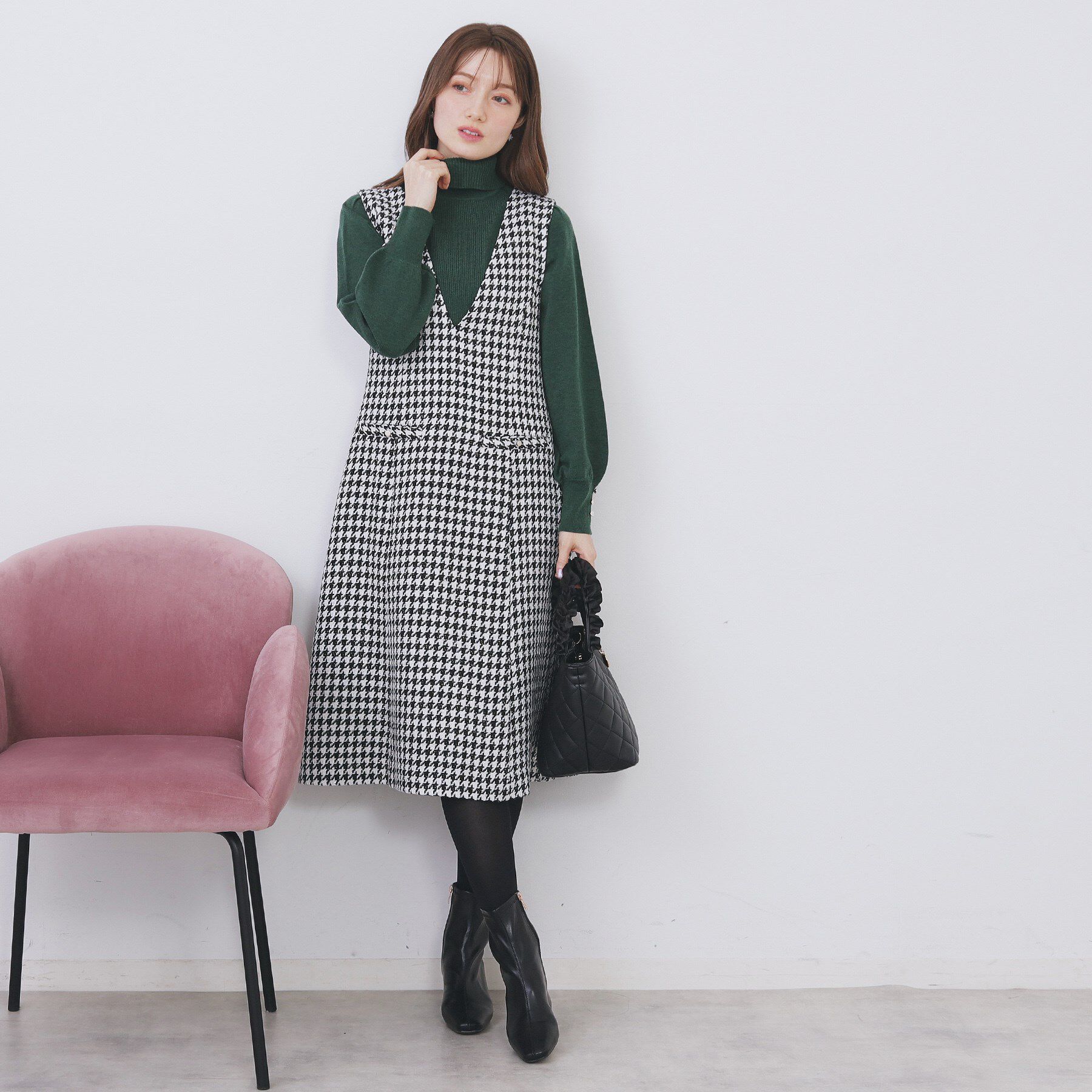 index「ラメスパンコール千鳥柄ジャンスカ【洗濯機OK/イージーアイロン】」|ワンピース|