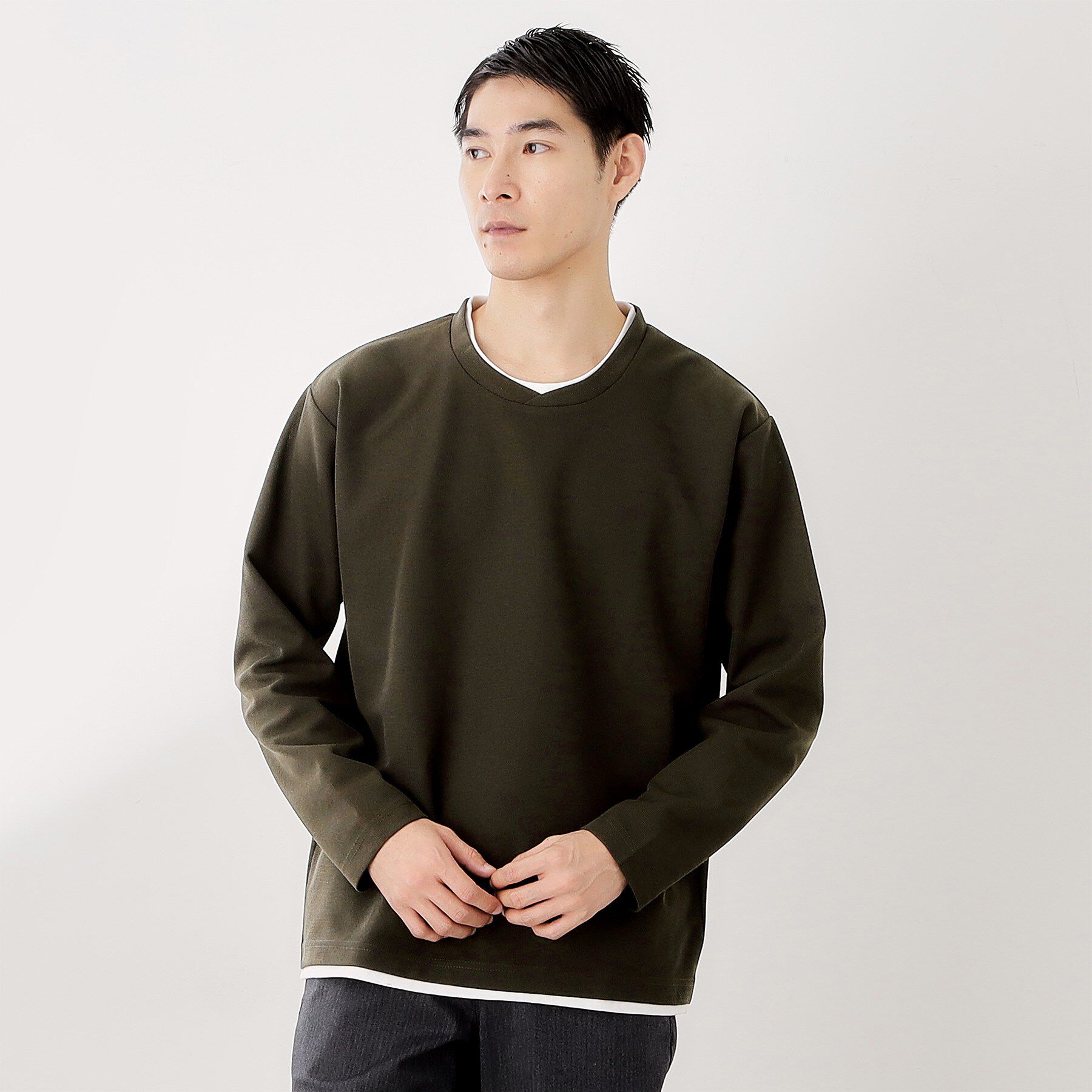 THE SHOP TK「【一枚でコーディネートが完成！】レイヤード風クルーネック長袖Tシャツ　洗濯機OK」|Tシャツ・カットソー|ブラウン(044)