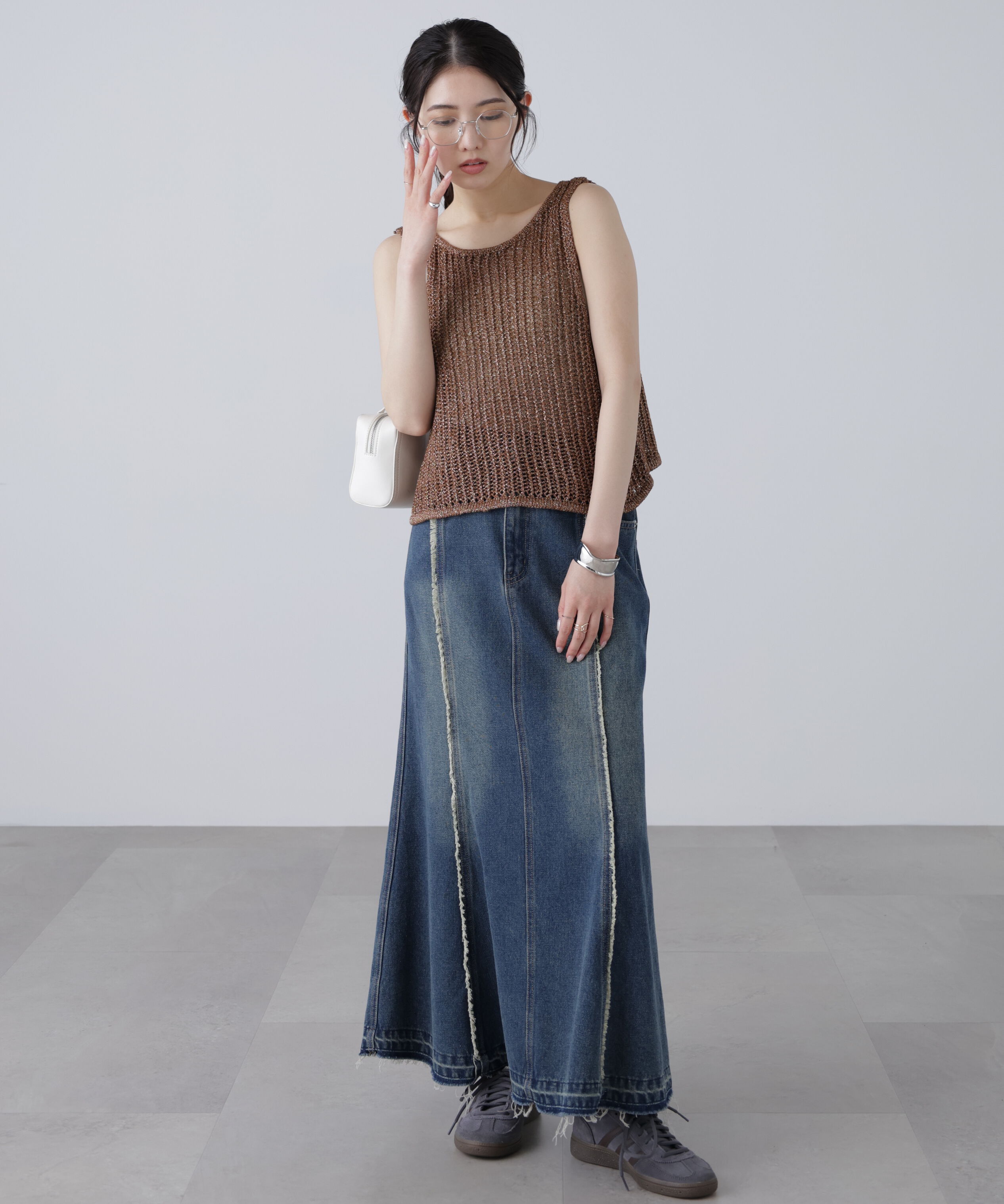  「前後2wayラメニットメッシュベスト」|ニット・セーター|