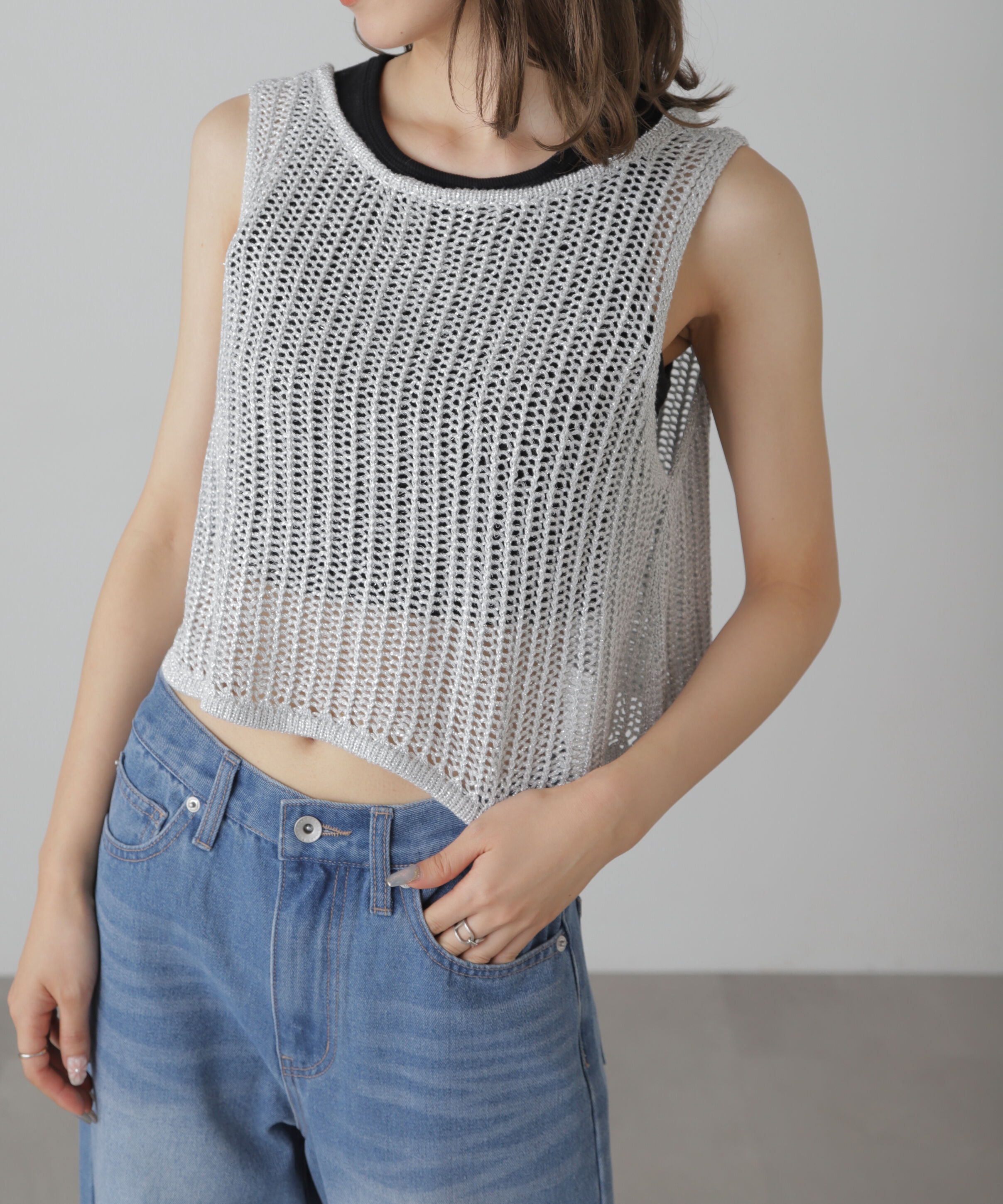  「前後2wayラメニットメッシュベスト」|ニット・セーター|