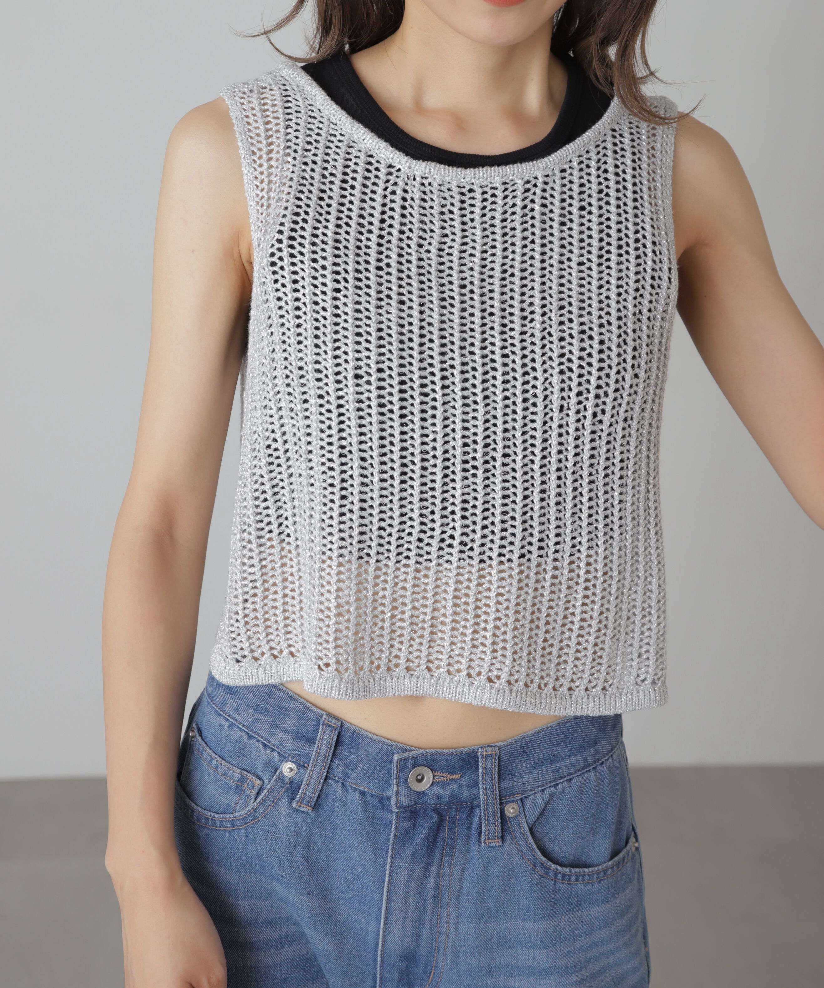  「前後2wayラメニットメッシュベスト」|ニット・セーター|
