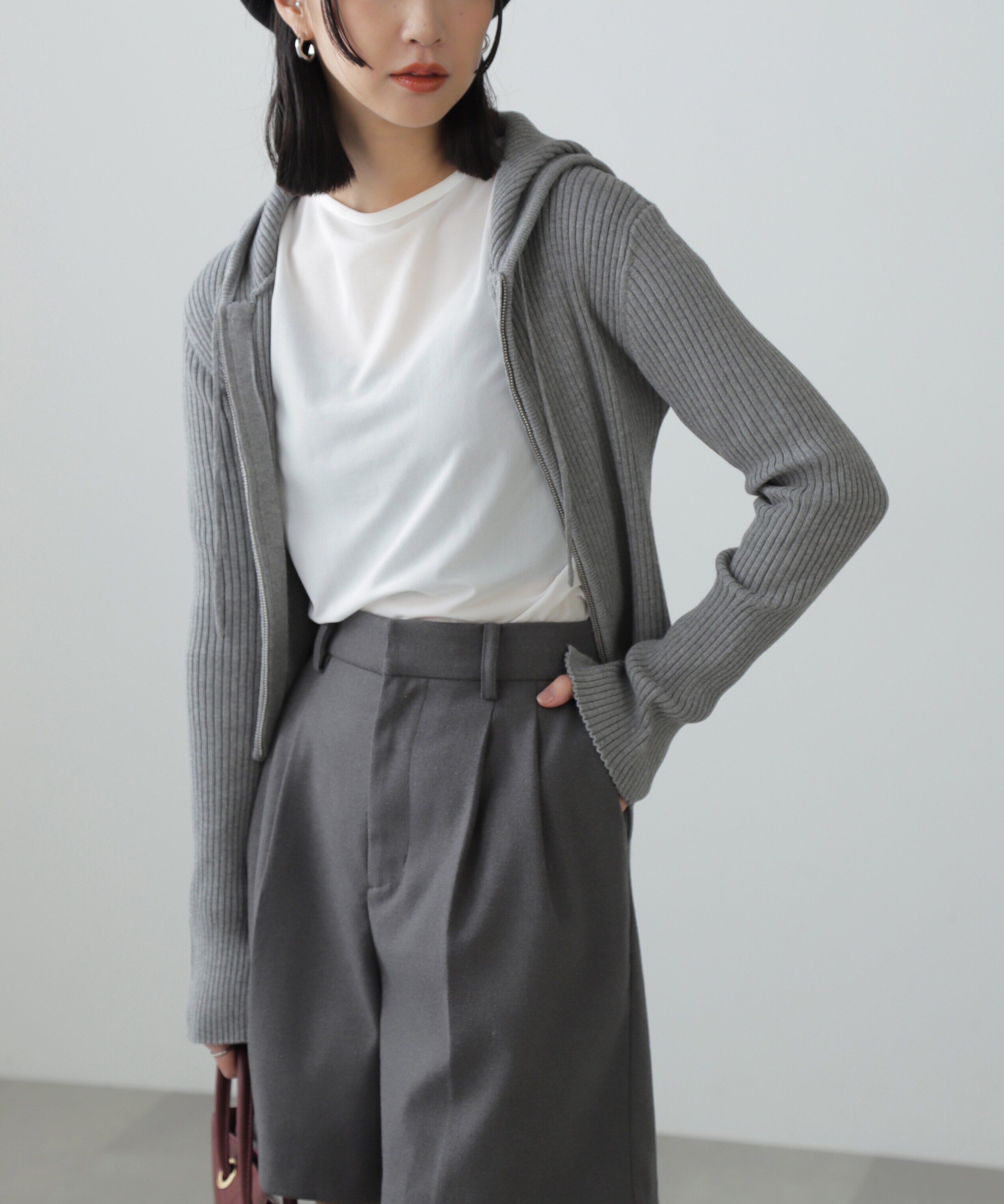  「配色リブショート丈ニットパーカー」|ニット・セーター|