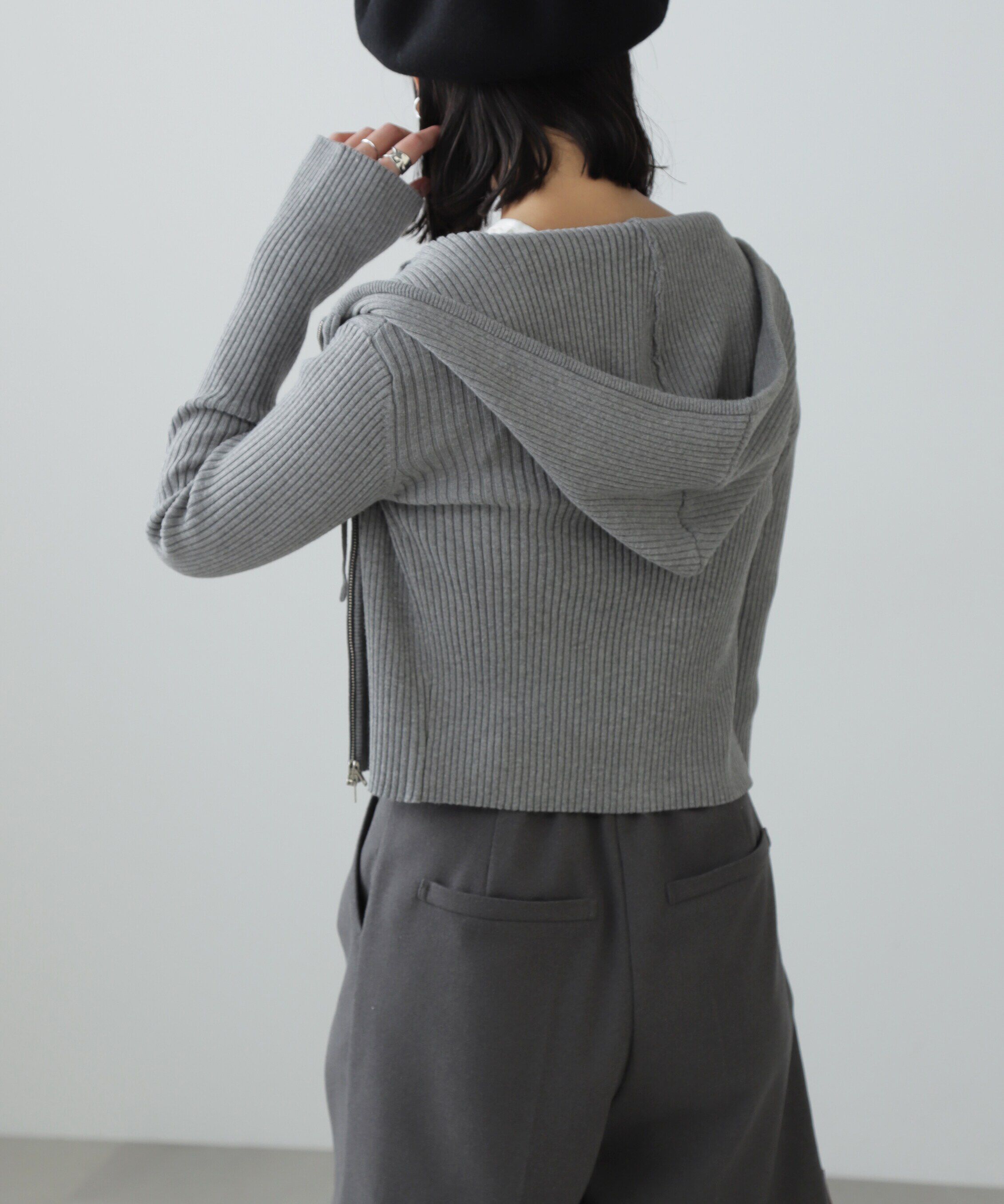  「配色リブショート丈ニットパーカー」|ニット・セーター|