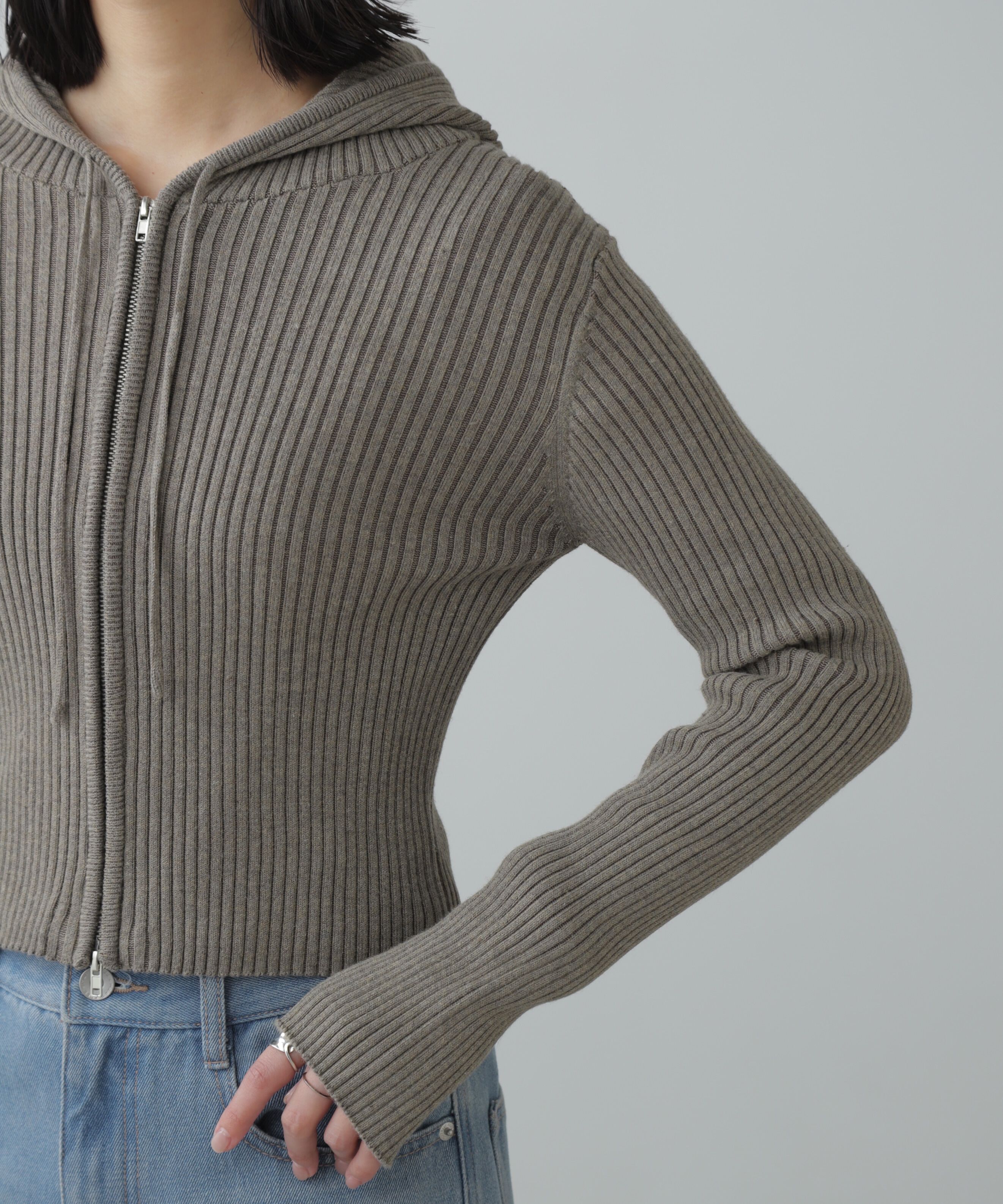  「配色リブショート丈ニットパーカー」|ニット・セーター|