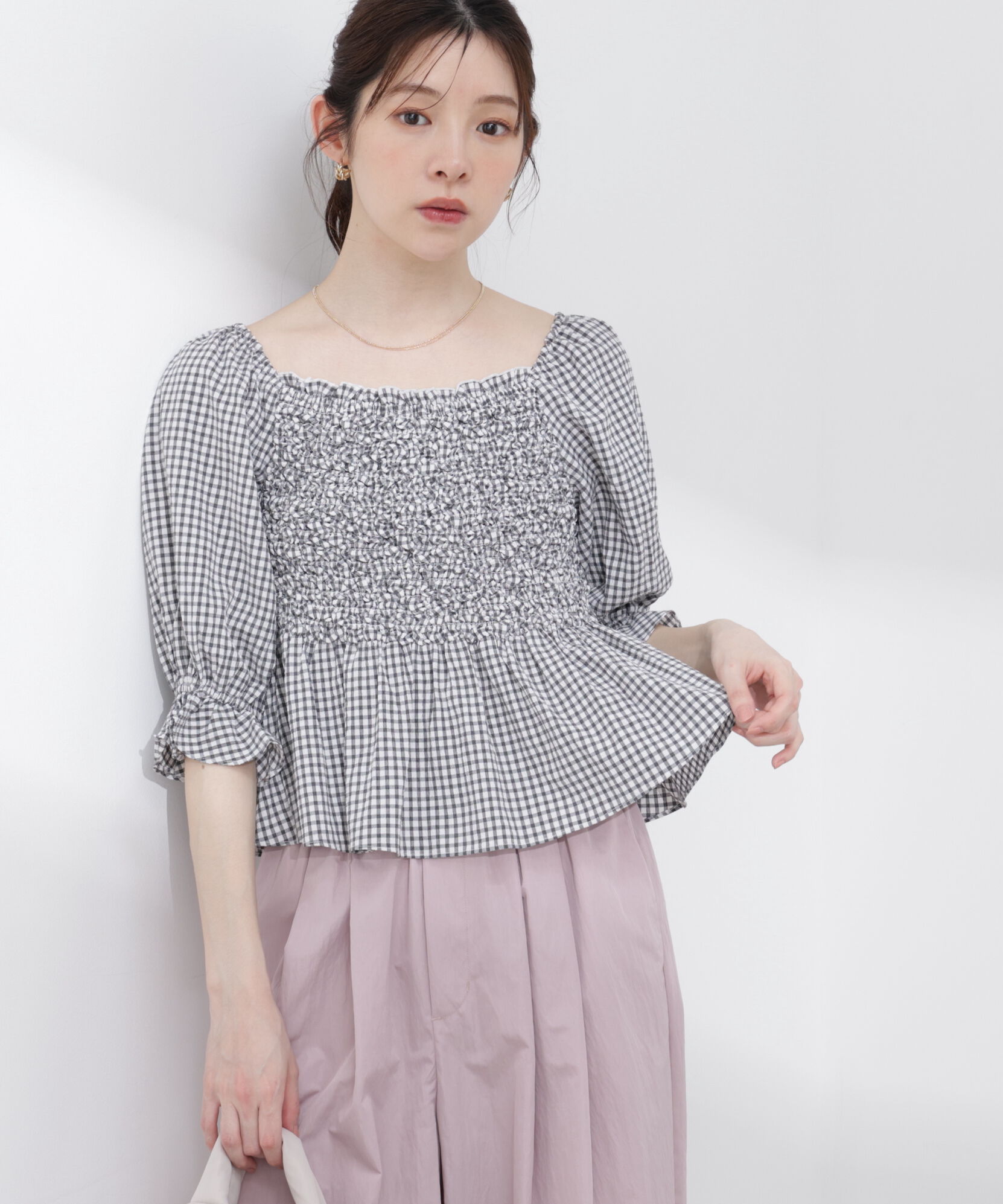 PROPORTION BODY DRESSING「〈a/mie〉シャーリングペプラムブラウス 26SS」|シャツ・ブラウス|