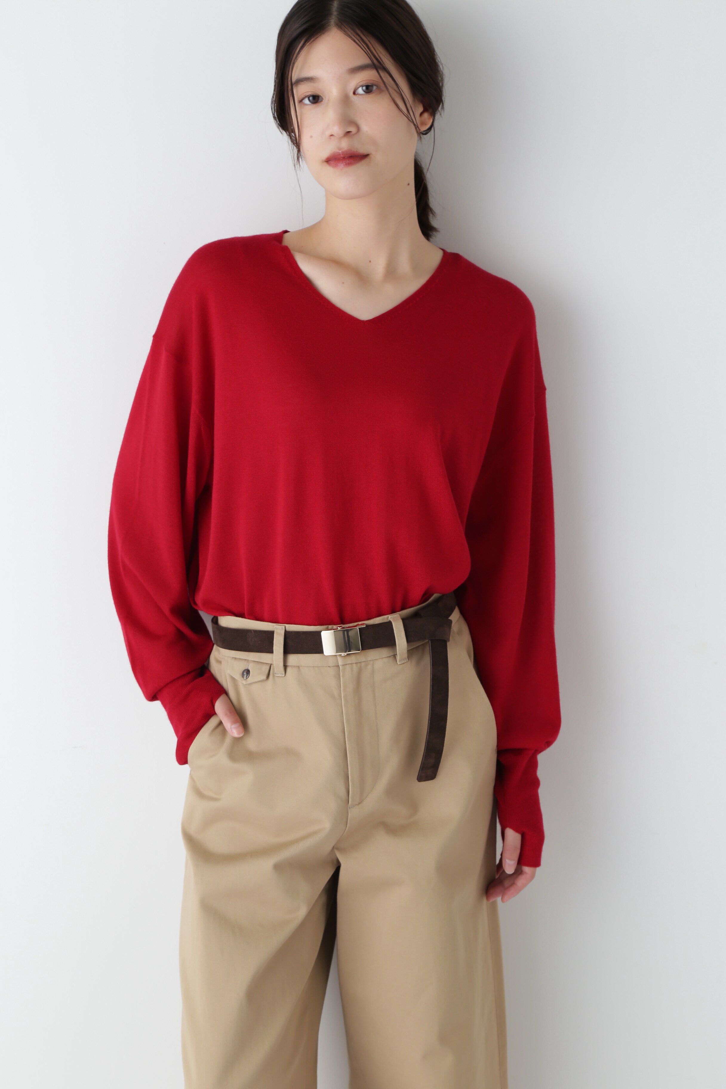 「◆ベーシックVネックプルオーバー」|ニット・セーター|レッド