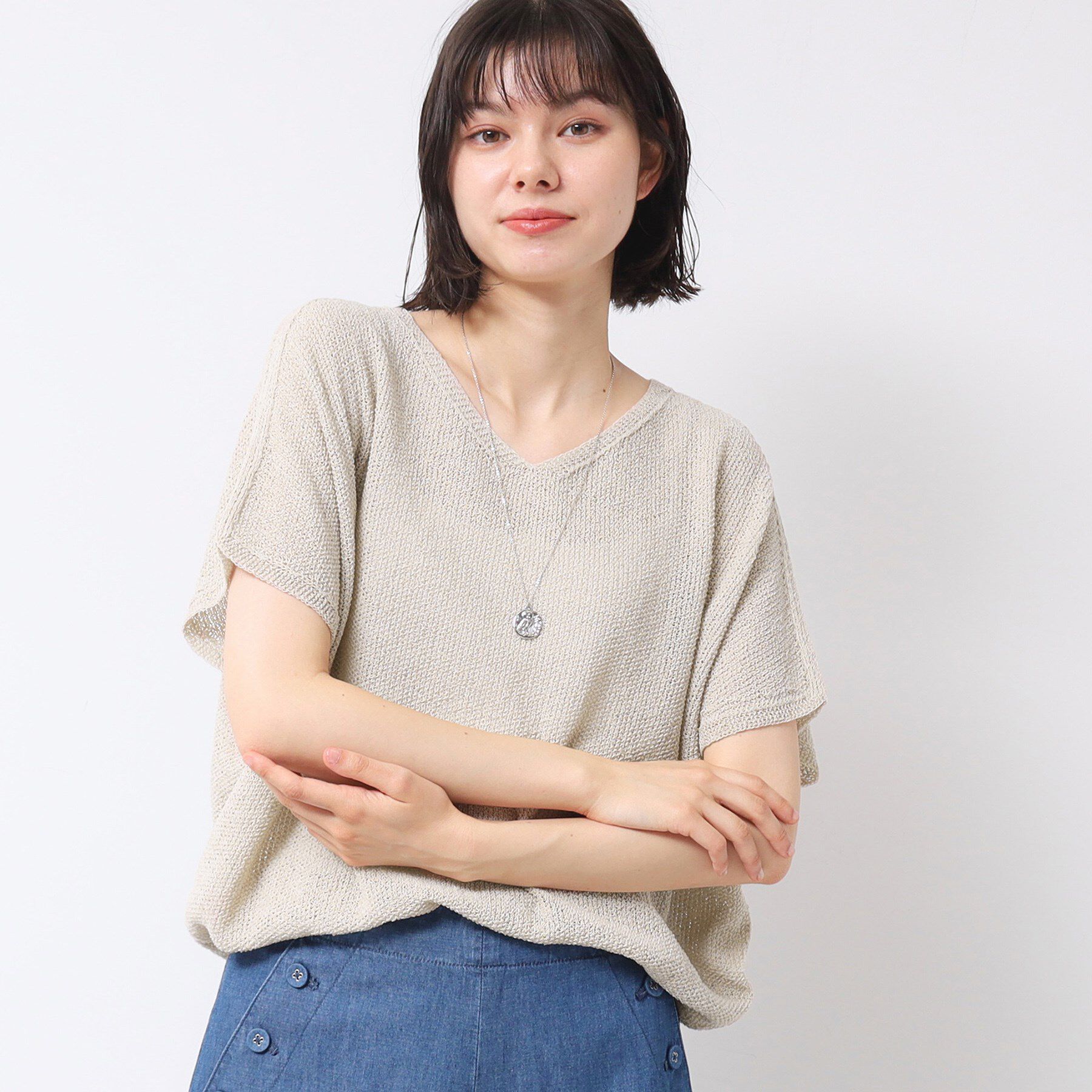 Dessin「【日本製・洗える】シームレスラインVネックニット」|ニット・セーター|ライトベージュ(05