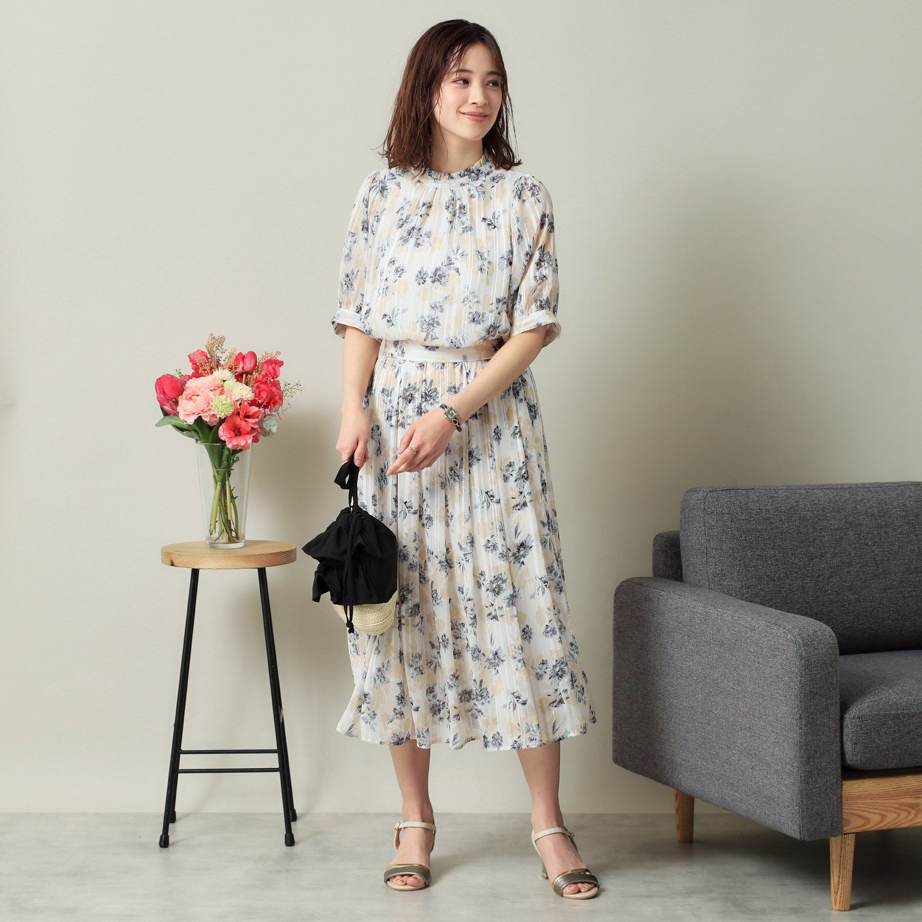 ITS&rsquo;DEMO「【ウエストゴム／手洗い可】ラメストライプ花柄スカート」|スカート|