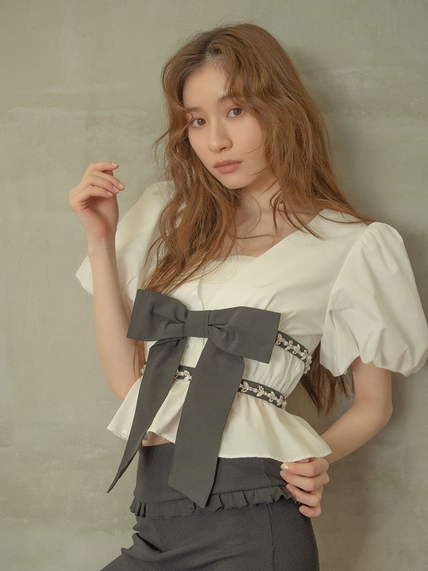 LILY BROWN「[L.B CANDY STOCK]ペプラムリボントップス」|Tシャツ・カットソー|WHT