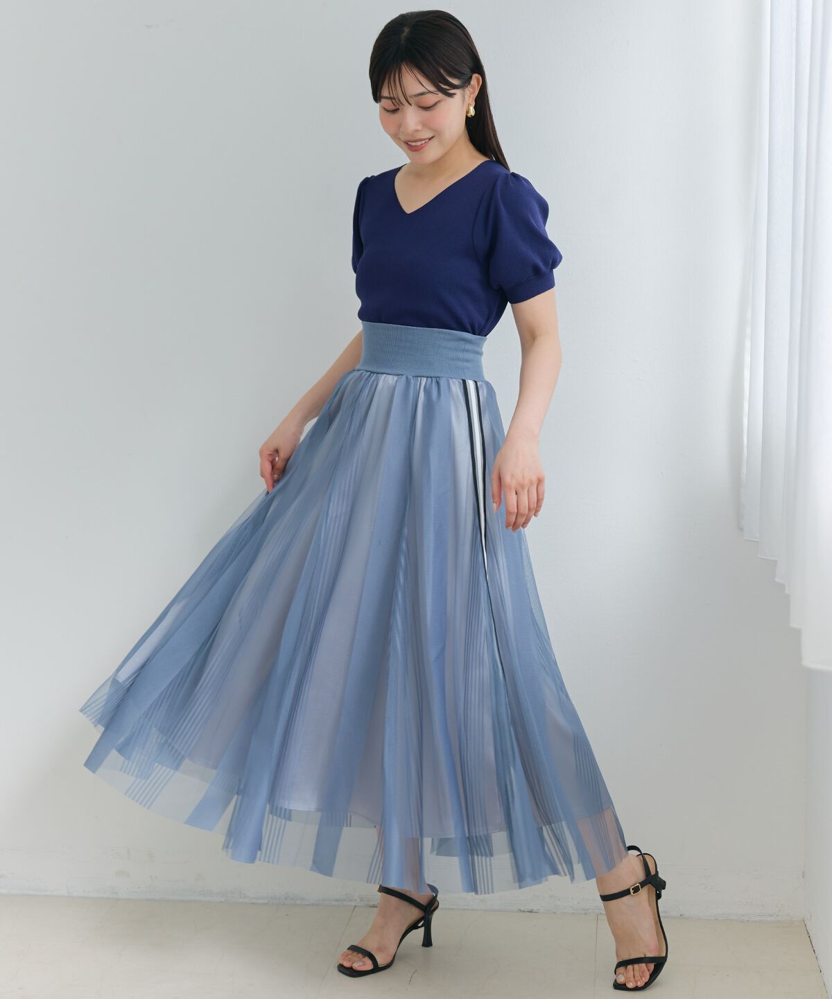 アンドクチュール「ウエストリブサイドラインストライプ&times;チュールロングスカート」|フレア|