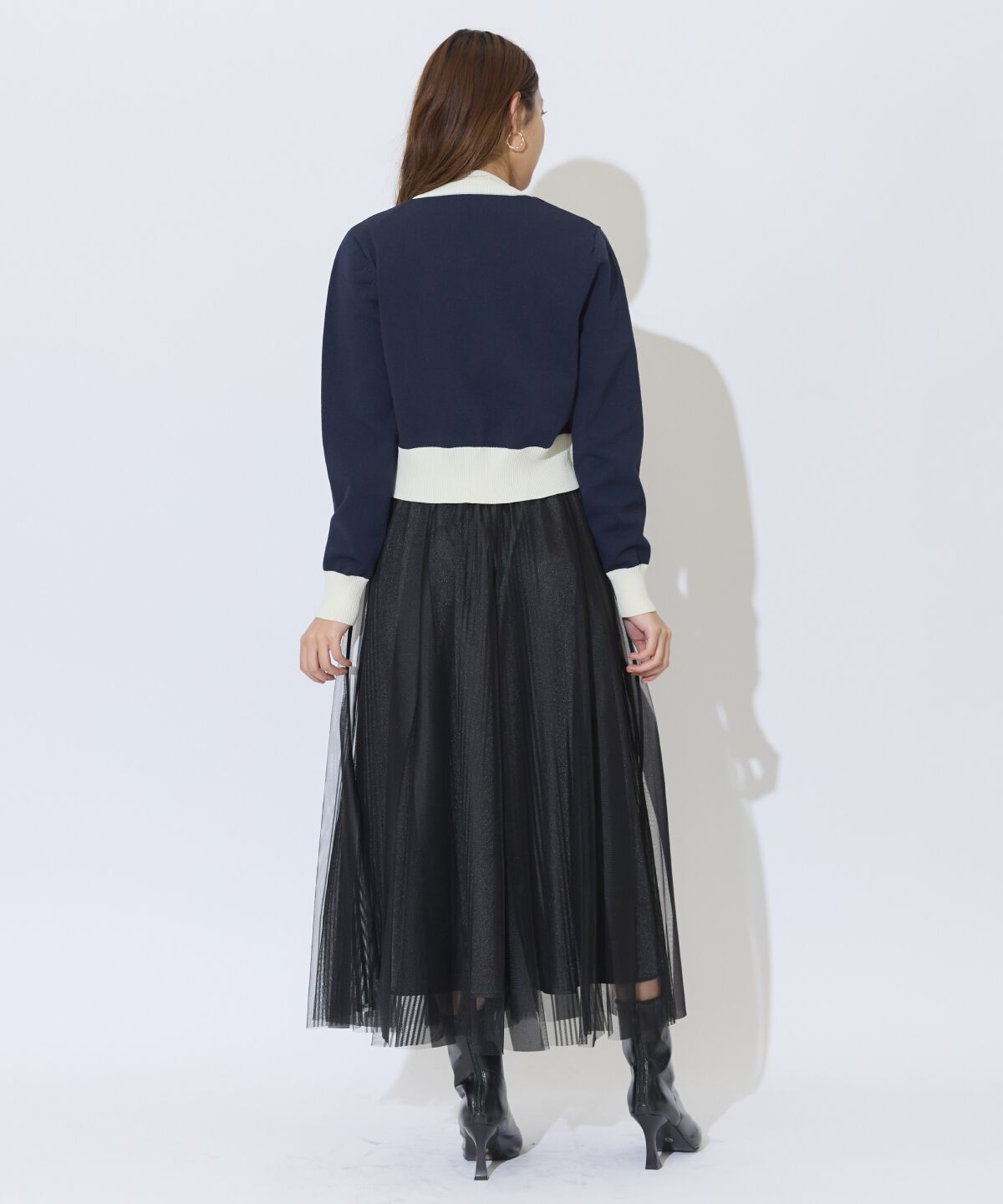 アンドクチュール「ウエストリブサイドラインストライプ&times;チュールロングスカート」|フレア|
