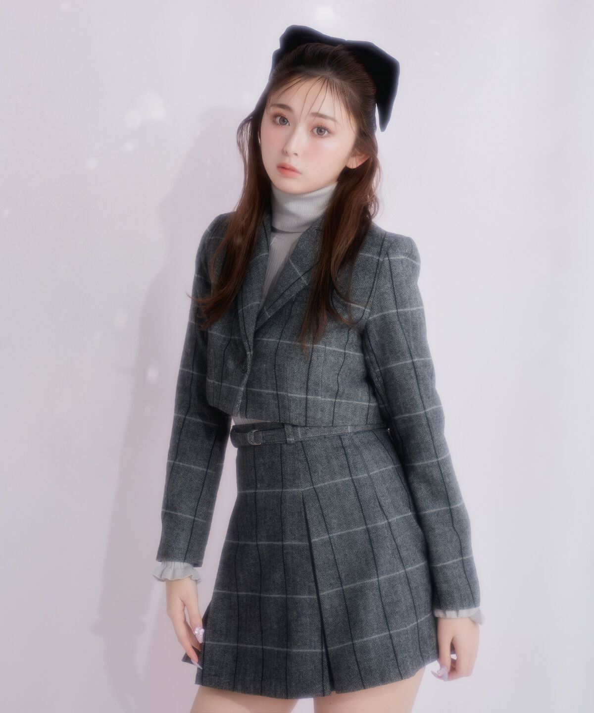 REDYAZEL「ヘリンボーンチェックタックミニスカート」|フレア|グレー