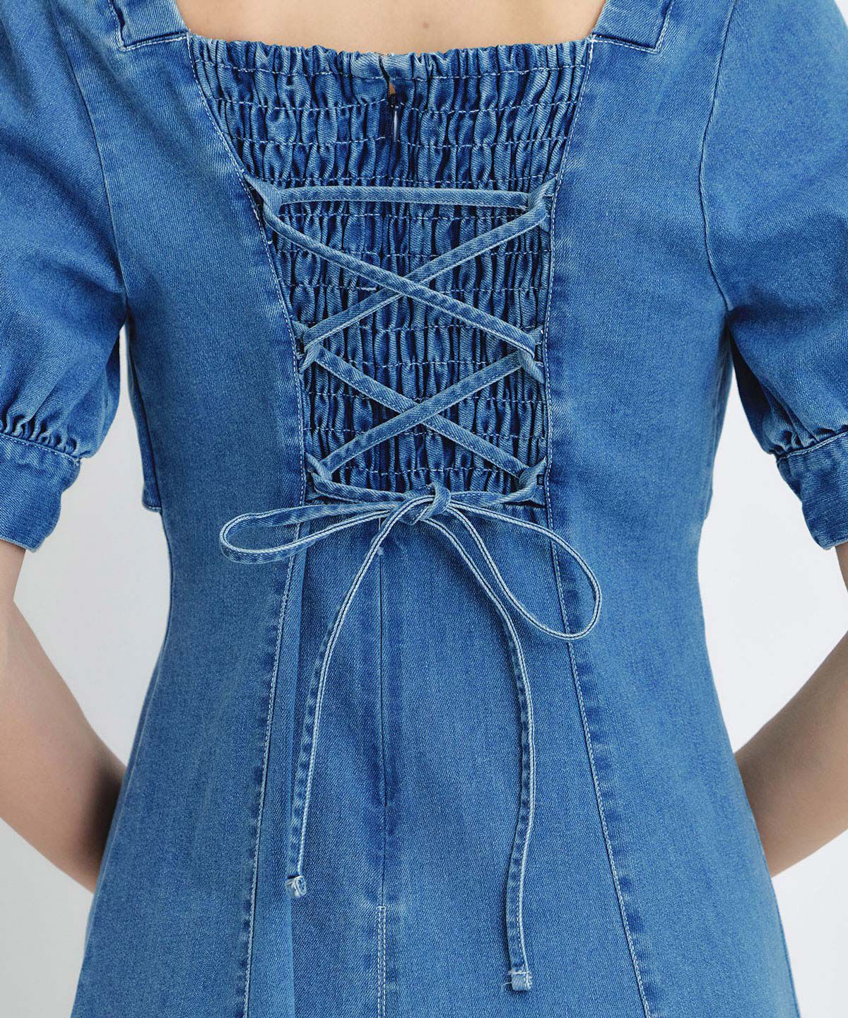 REDYAZEL「デコルテベルトデニムフレアロングワンピース」|ワンピース|