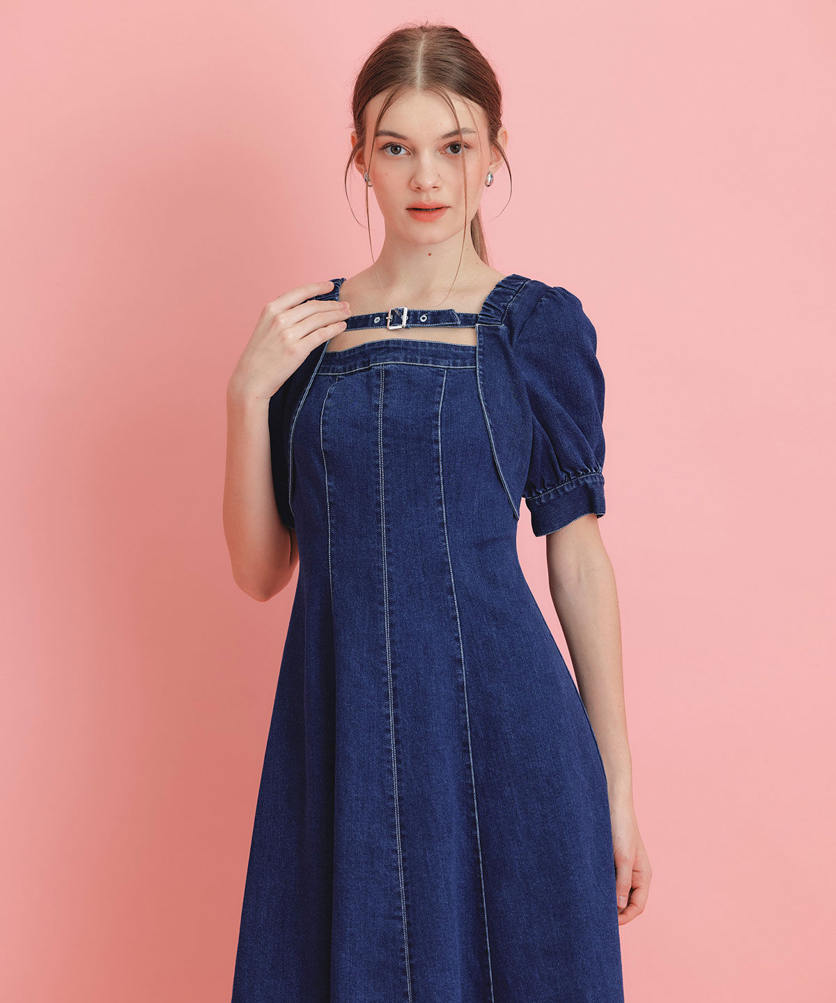 REDYAZEL「デコルテベルトデニムフレアロングワンピース」|ワンピース|