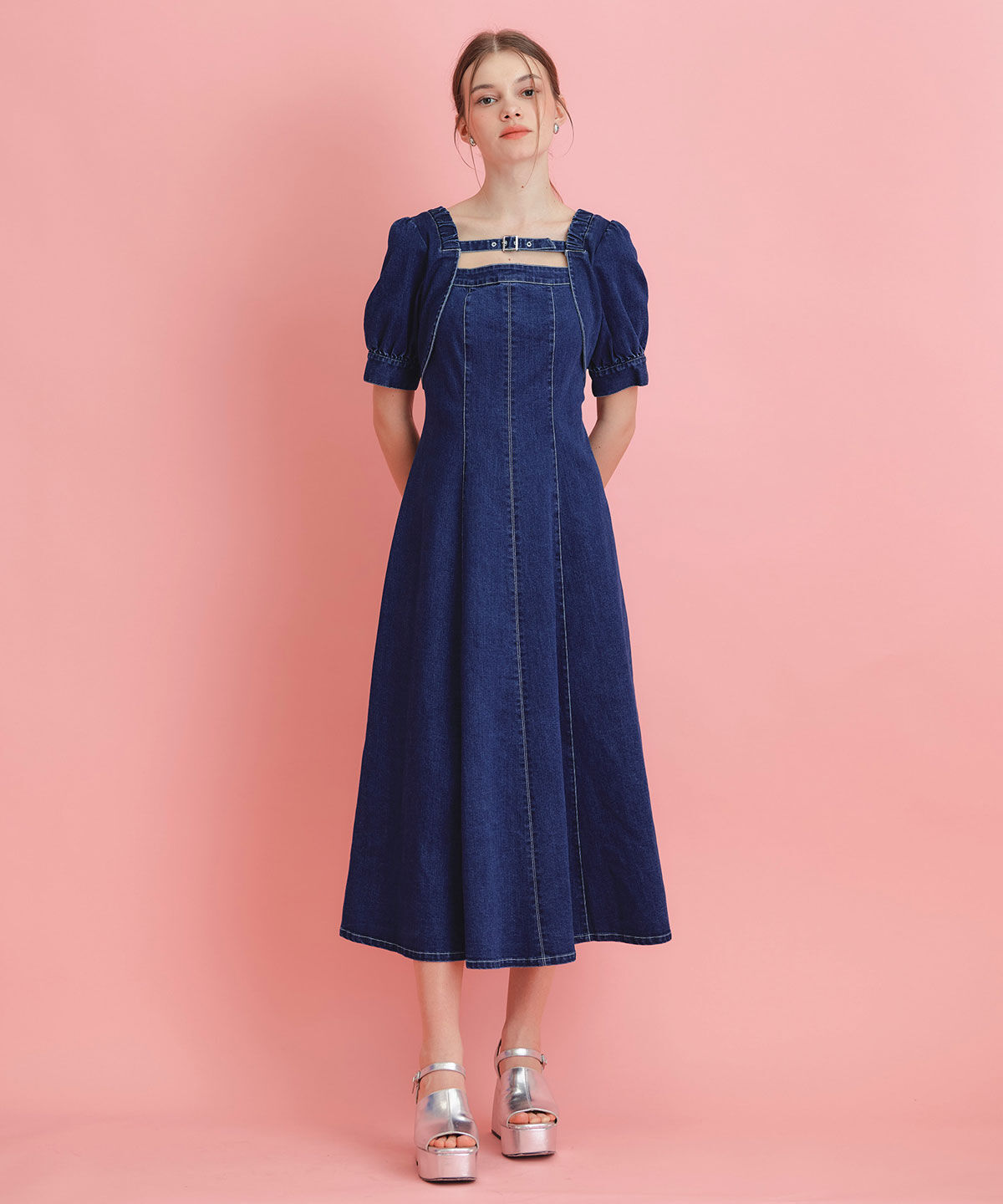 REDYAZEL「デコルテベルトデニムフレアロングワンピース」|ワンピース|
